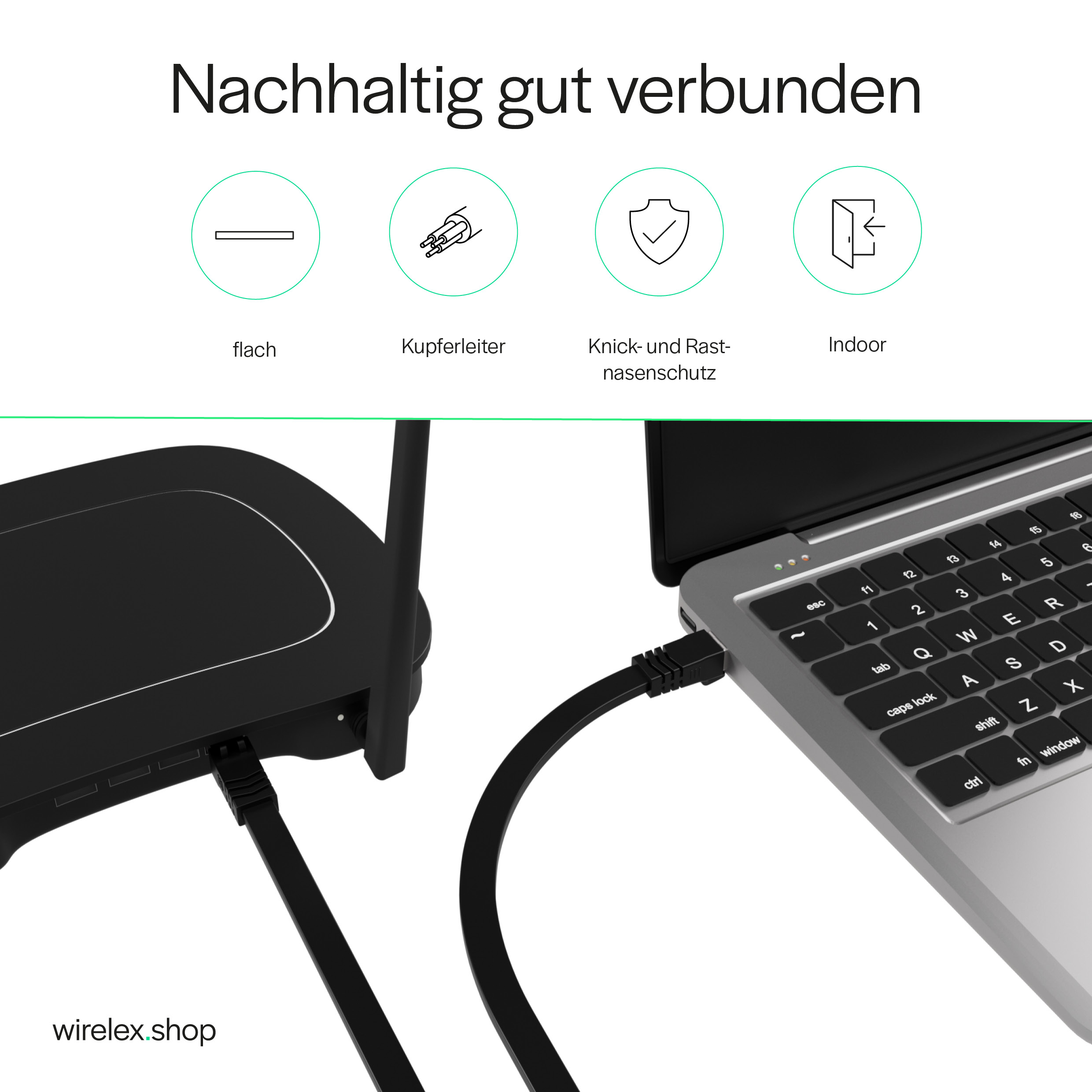 Laptop collegato a un router tramite cavo nero. Icone e testo sulle funzioni.
