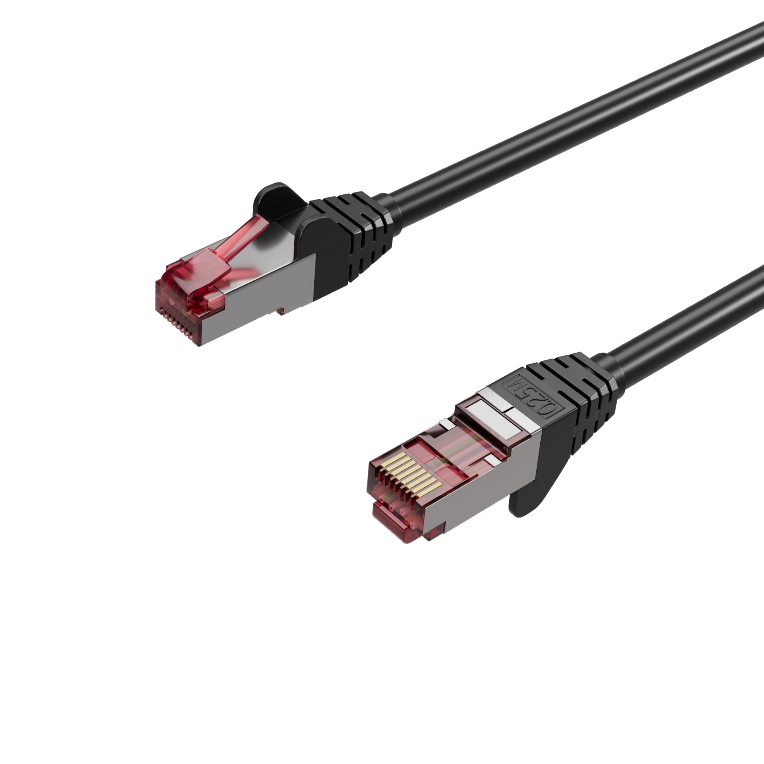 Ein schwarzes Ethernet-Kabel mit roten Steckern. Das Kabel ist eingesteckt.