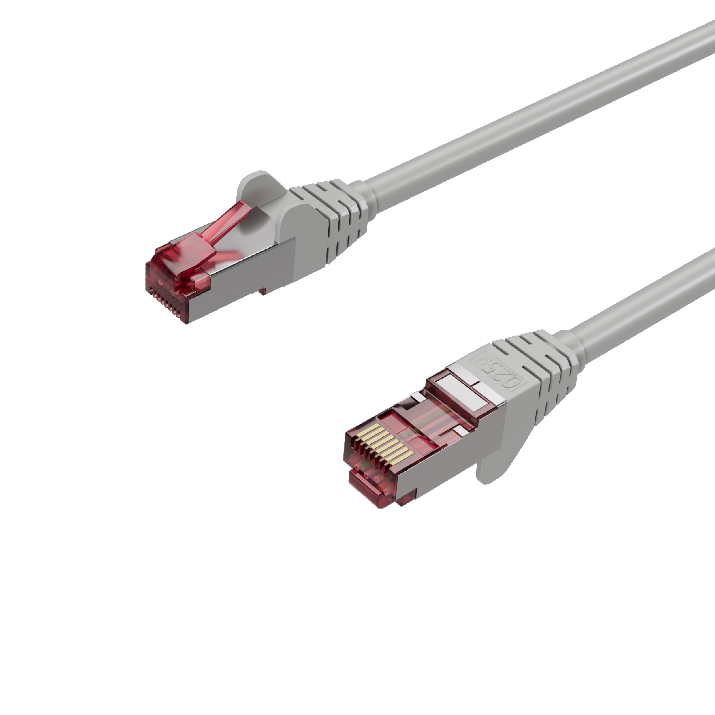 Zwei graue Netzwerkkabel mit rot-silbernen Steckern.
