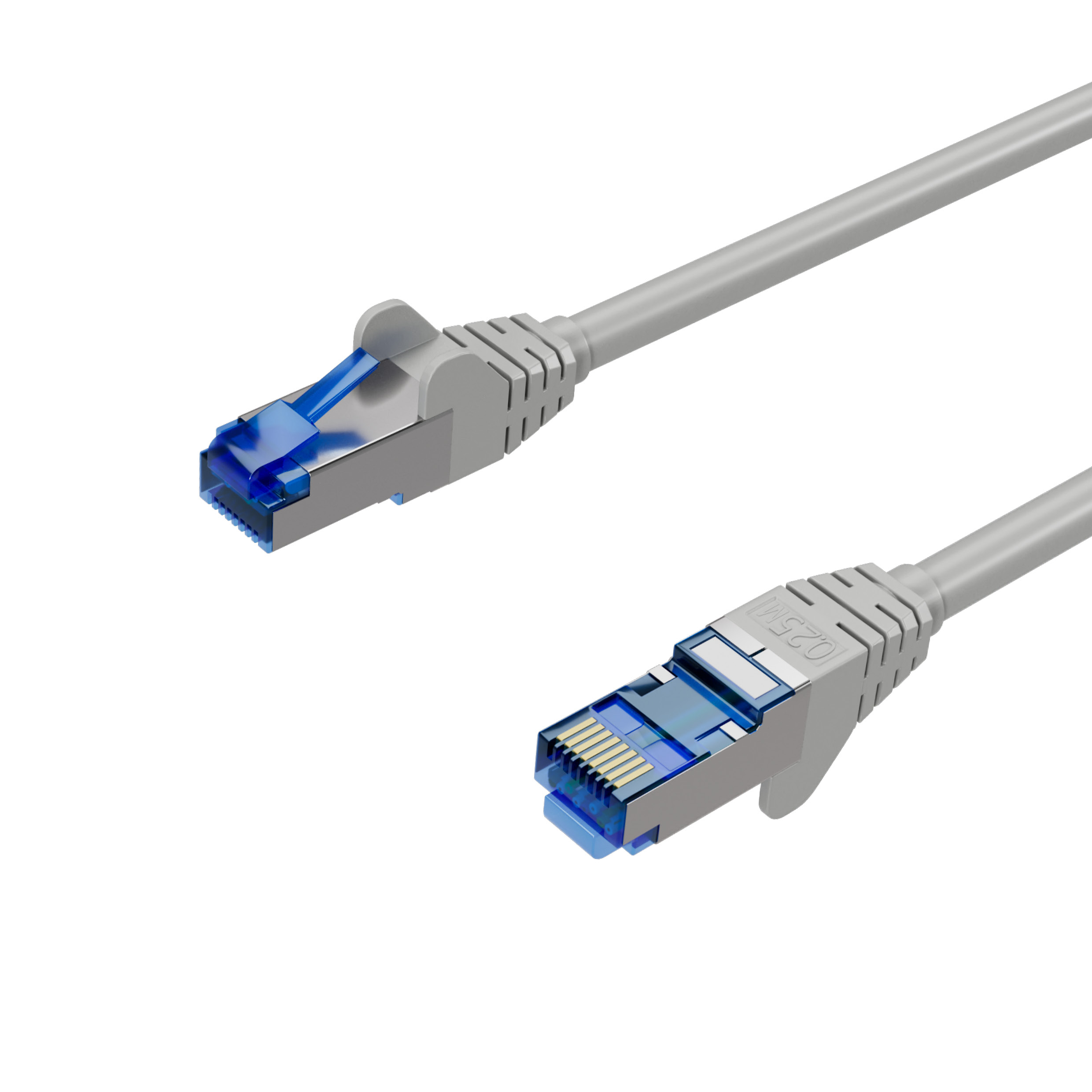 Zwei graue Ethernet-Kabel mit blauen und weißen Steckern, weißer Hintergrund.