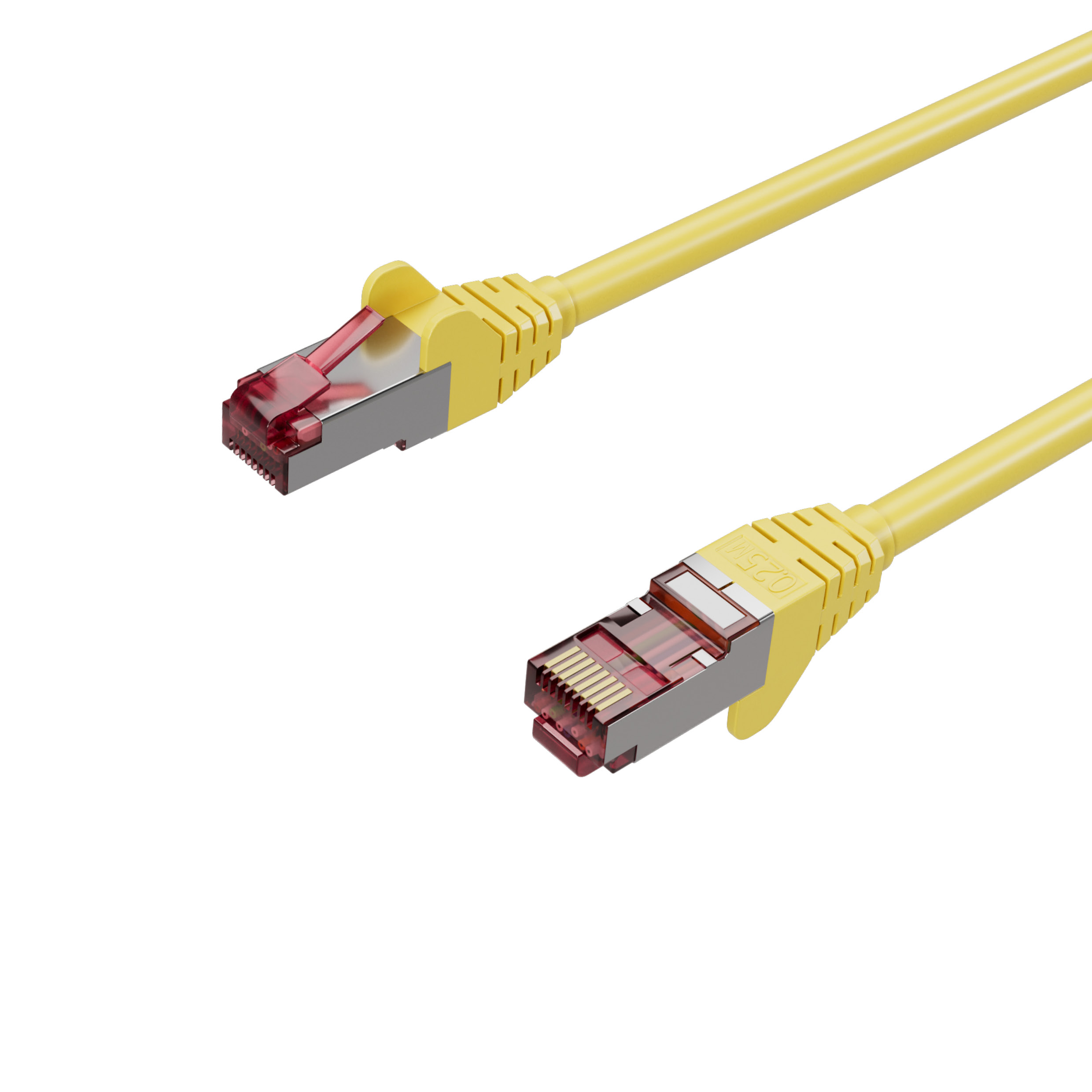 Gelbes Ethernet-Kabel mit roten Steckern auf weißem Hintergrund, zwei Kabel gezeigt.