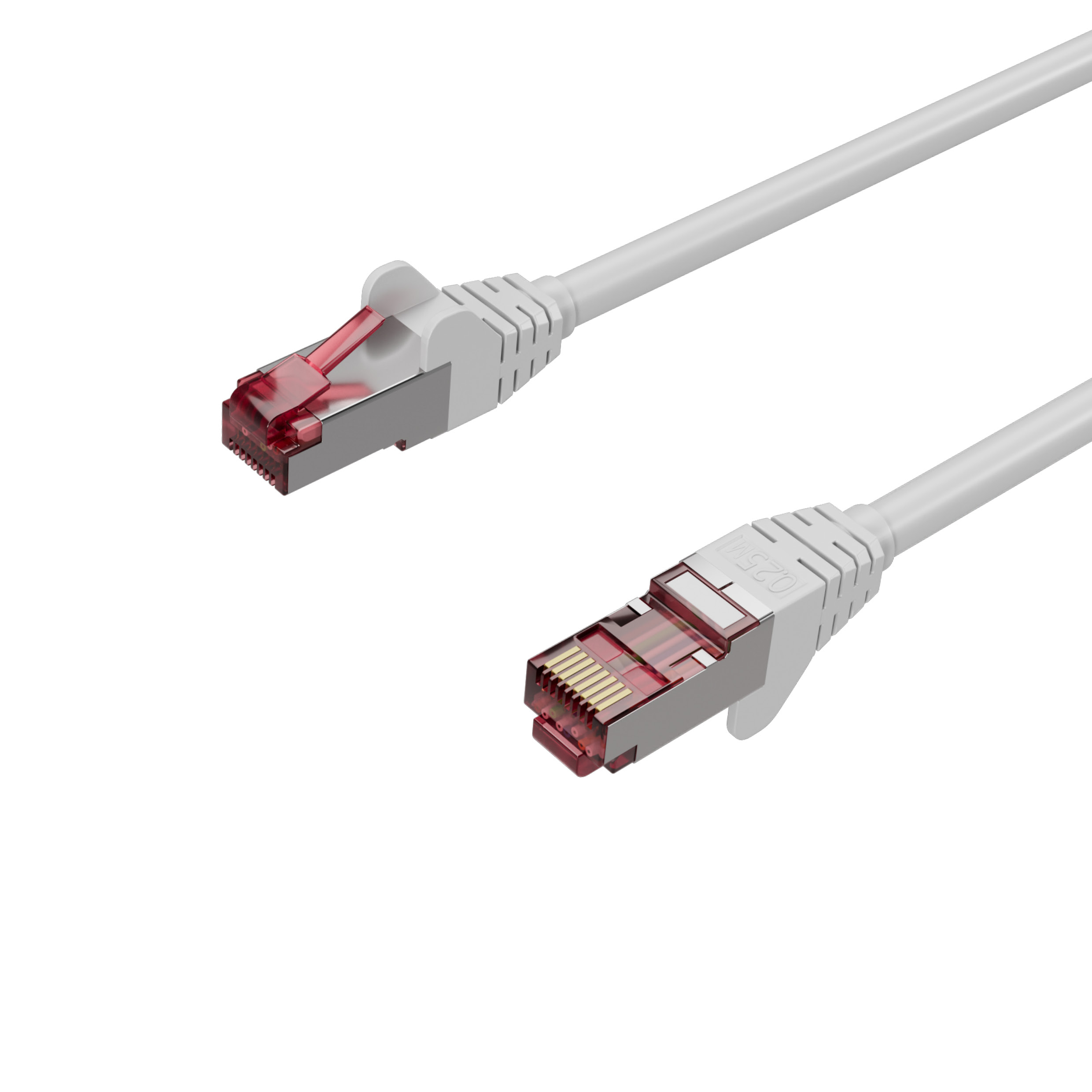 Zwei weiße Netzwerkkabel mit roten Steckern. Nahaufnahme auf weißem Hintergrund.