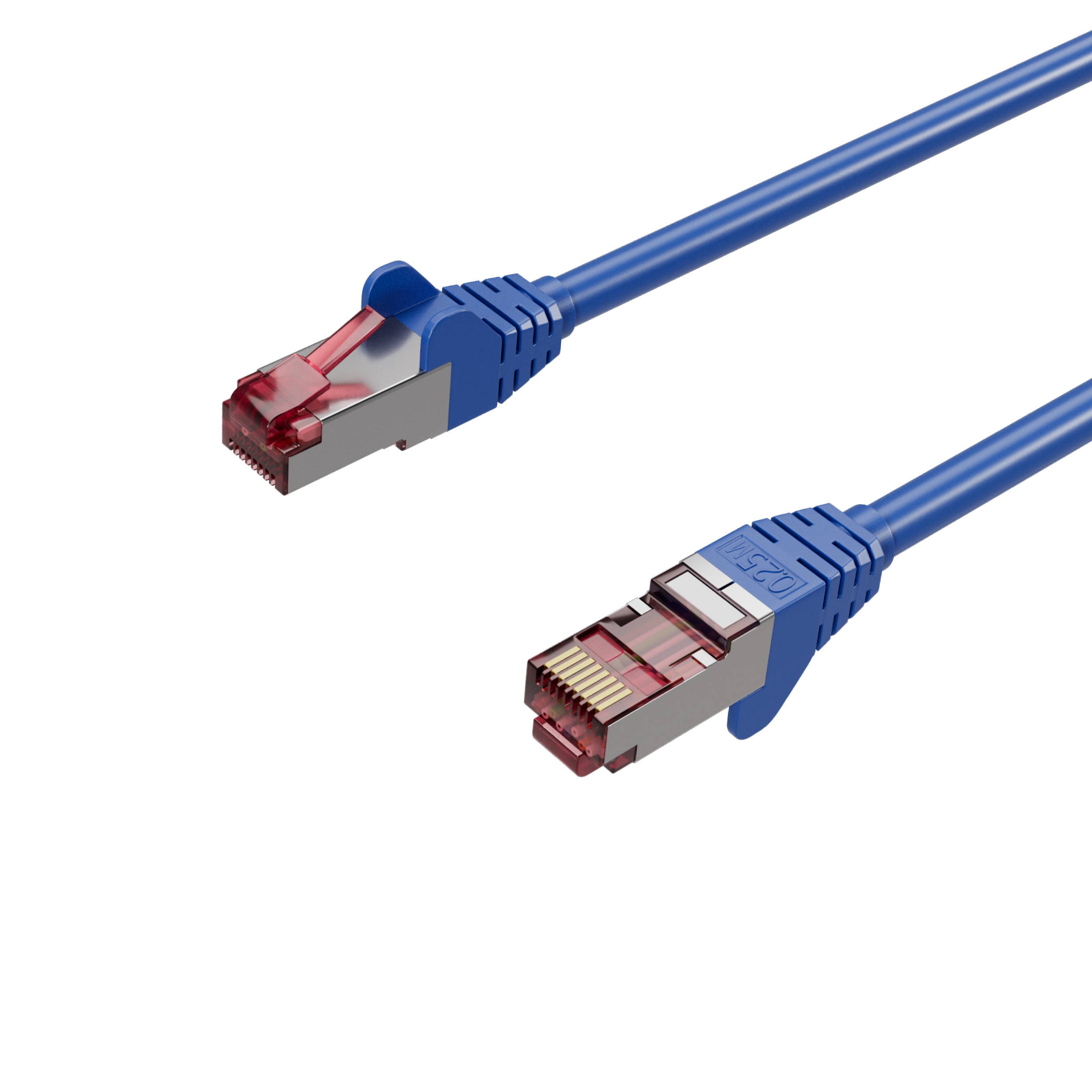 Zwei blaue Netzwerkkabel mit roten RJ45-Anschlüssen. Kabel auf weißem Hintergrund.