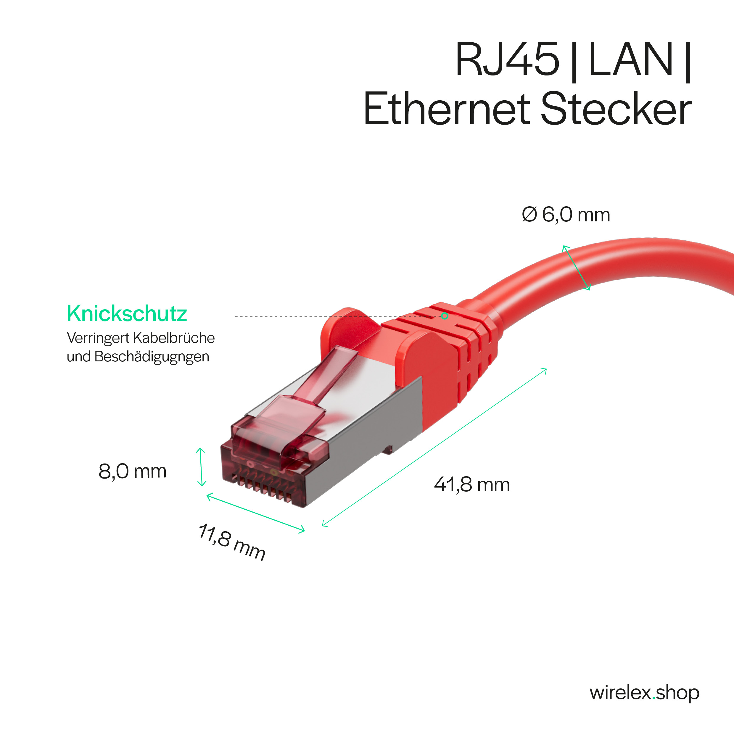 Nahaufnahme eines roten RJ45 Ethernet-Steckers mit Maßen und Beschriftungen auf Deutsch.