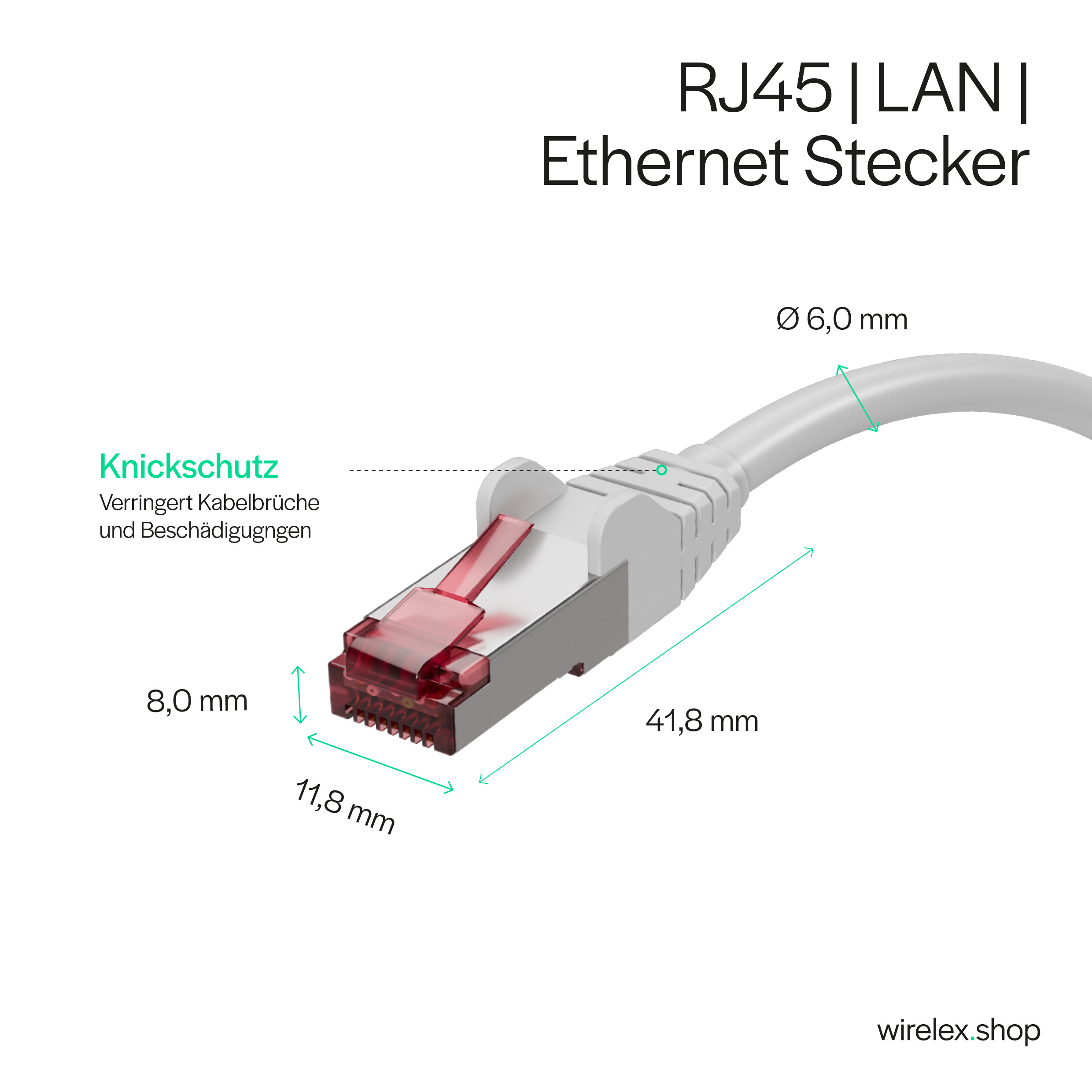 RJ45 LAN Ethernet-Stecker mit Maßangaben. Der Stecker ist weiß und rot.
