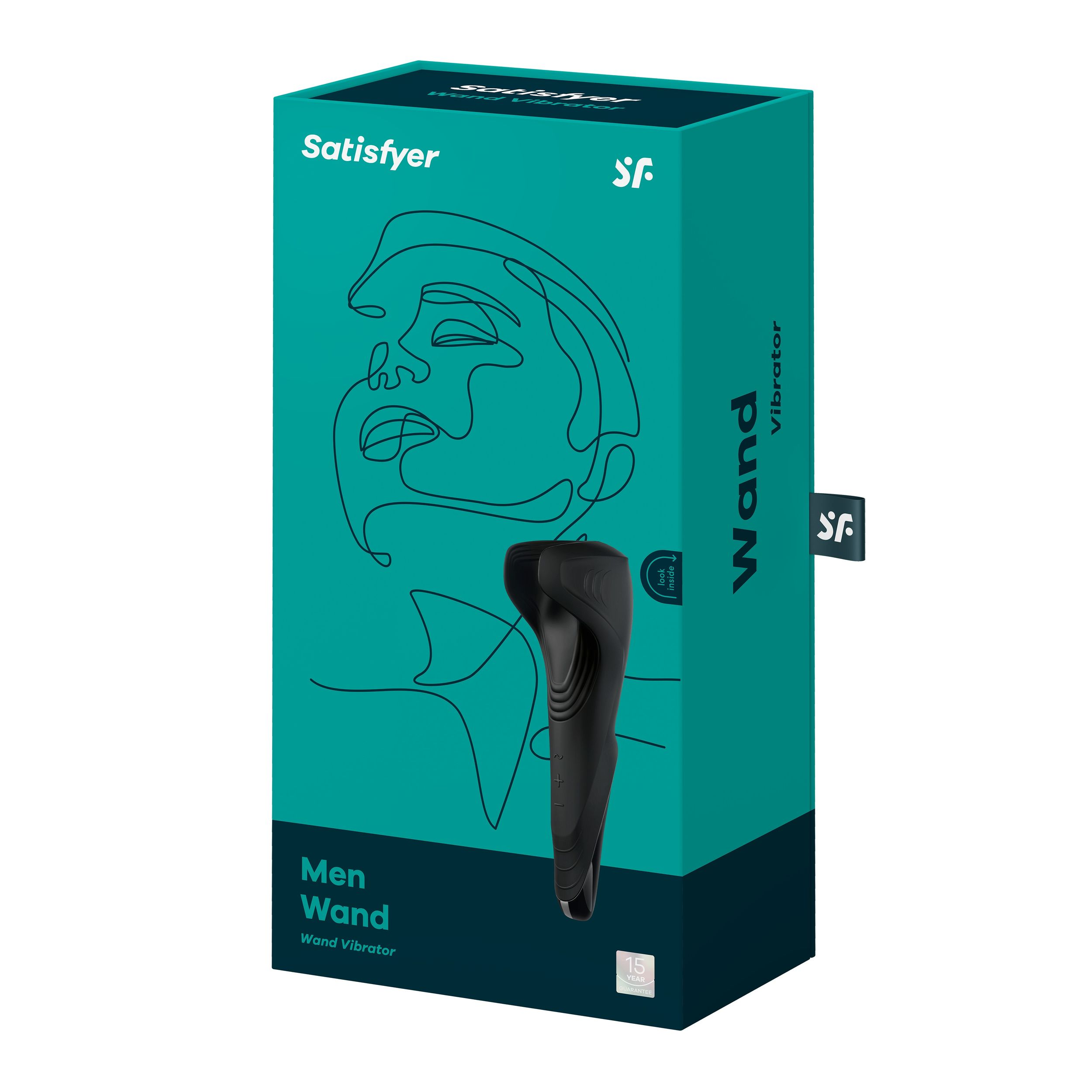 Czarny wibrator w pudełku. Na pudełku jest twarz kobiety. Pudełko jest zielone.