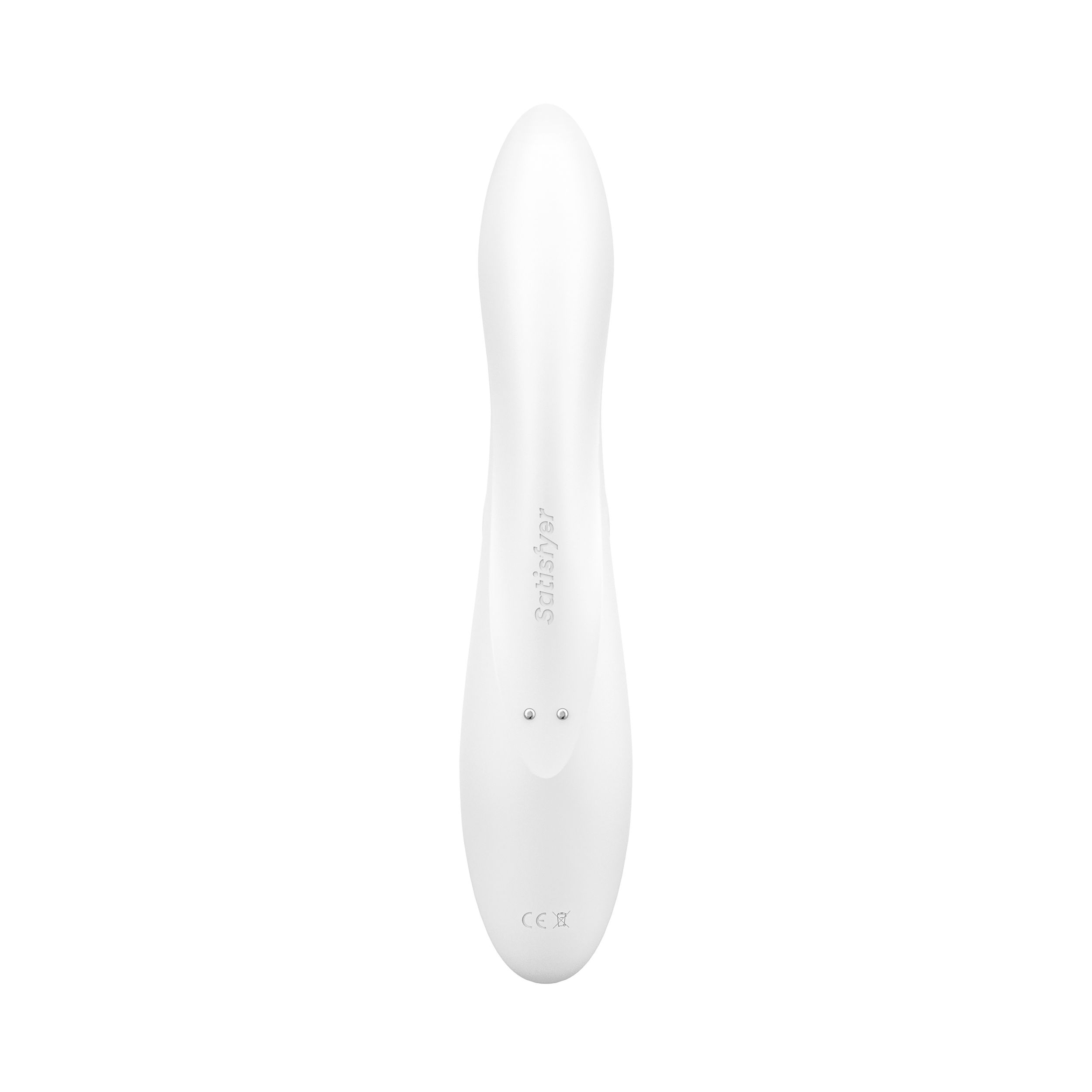 Biały wibrator Satisfyer. Gładki, zakrzywiony design z dwoma przyciskami u dołu.