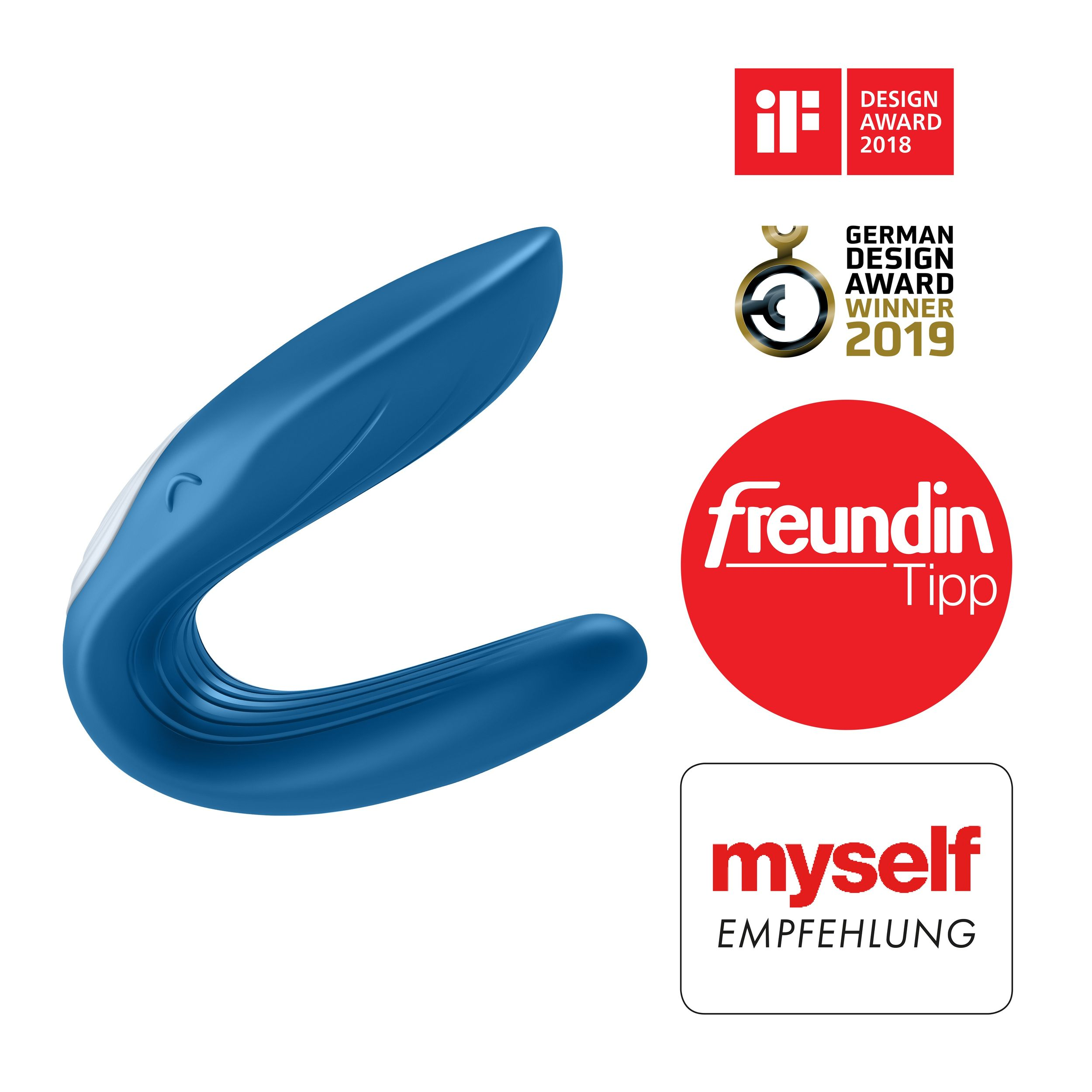 Niebieska zabawka erotyczna o zakrzywionym kształcie, nagrody iF Design Award i German Design Award.