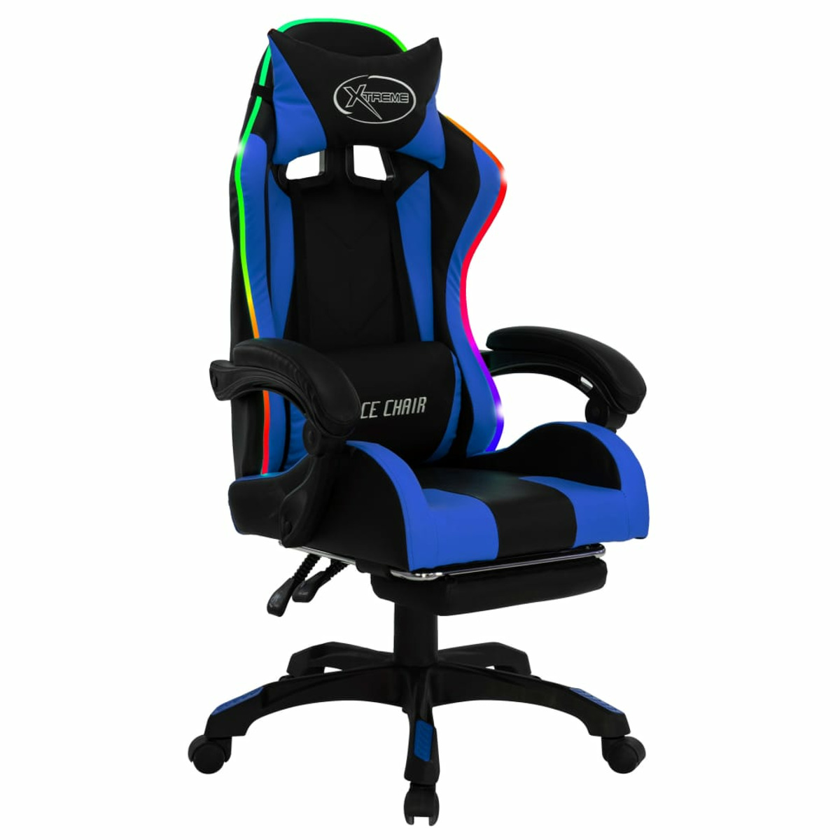 Schwarzer und blauer Gaming-Stuhl mit RGB-Beleuchtung und Fußstütze, auf weißem Hintergrund.