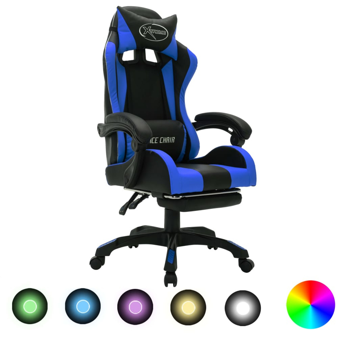Ein Gaming-Stuhl in Blau und Schwarz. Er hat eine Kopfstütze, Armlehnen und eine Fußstütze. Der Stuhl steht auf weißem Hintergrund.