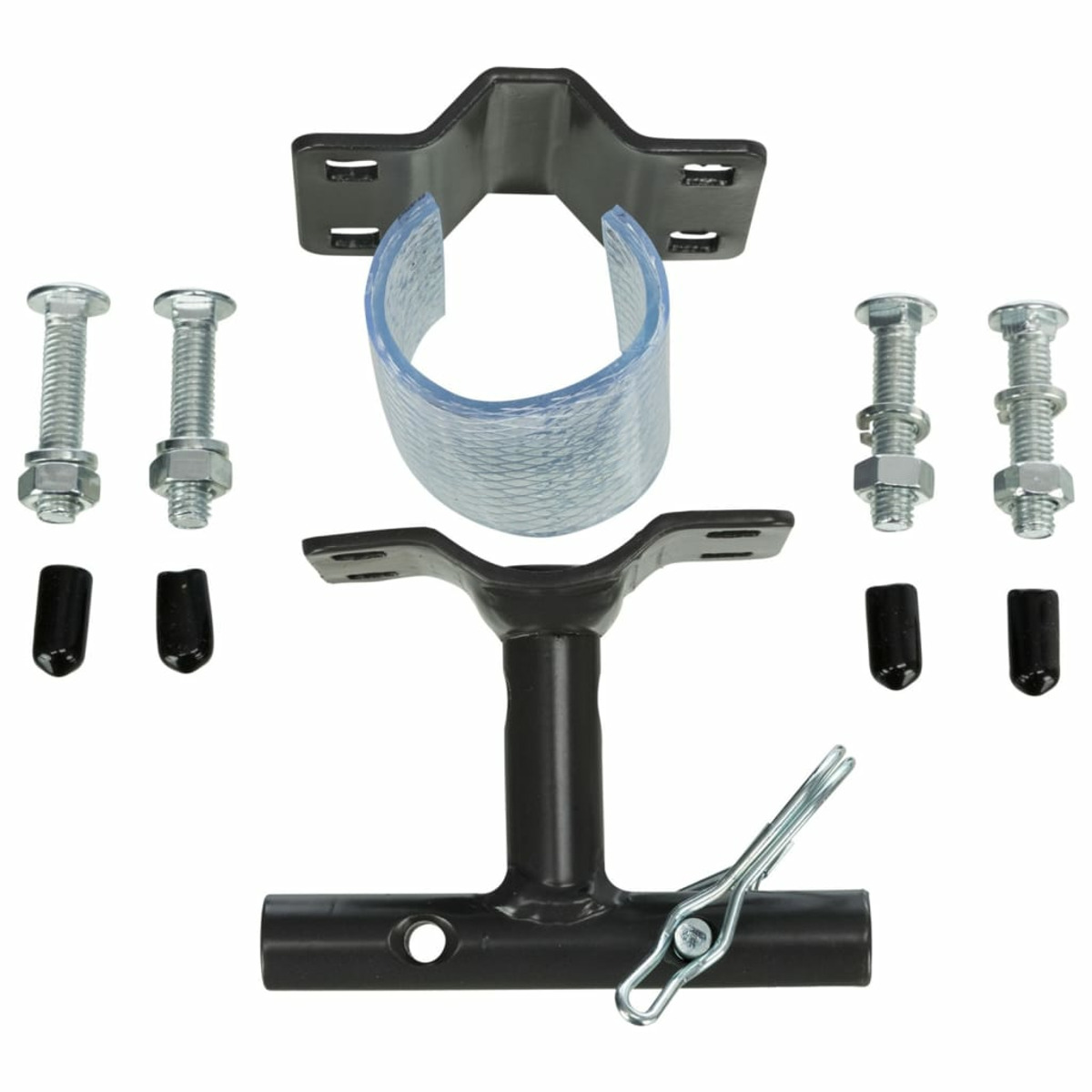 Varias piezas de metal negro, incluyendo pernos, tuercas y un soporte.