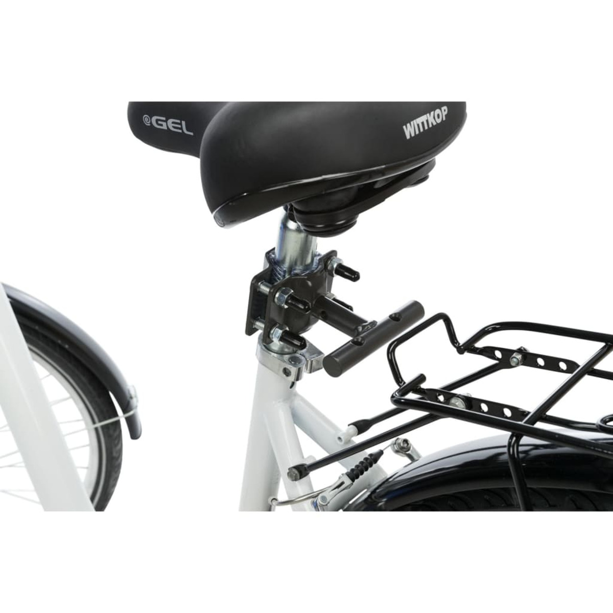 Primer plano del asiento y portaequipajes de una bicicleta. El asiento es negro con inserción de gel.