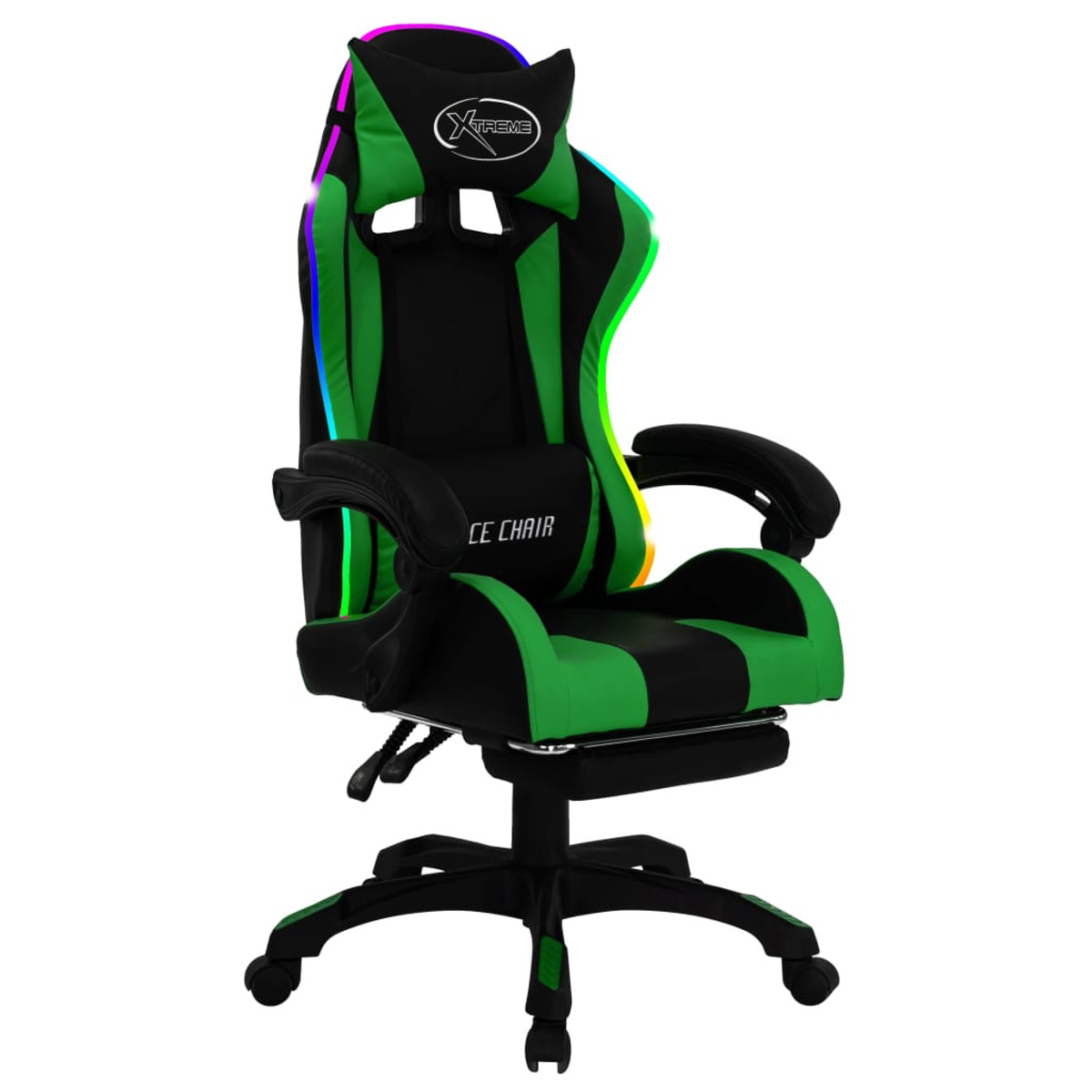 Grüner und schwarzer Gaming-Stuhl. RGB-Lichter an den Seiten und oben. Schwarze Basis, weißer Hintergrund.