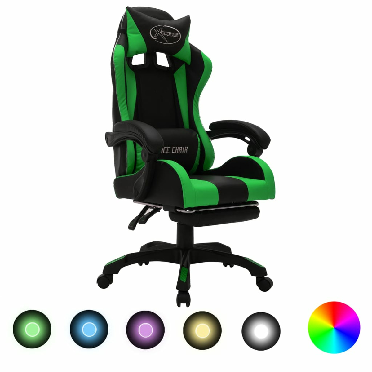 Gaming-Stuhl mit grünen und schwarzen Akzenten, darunter Lichter. Farbrad.
