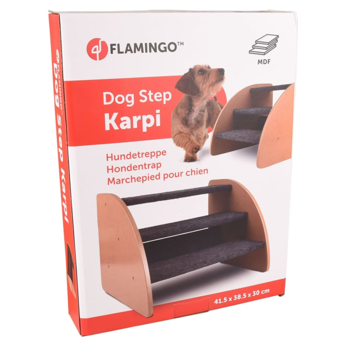 Hundetreppe in einer Box. Die Box zeigt einen Hund und die Treppe, mit Text in mehreren Sprachen.