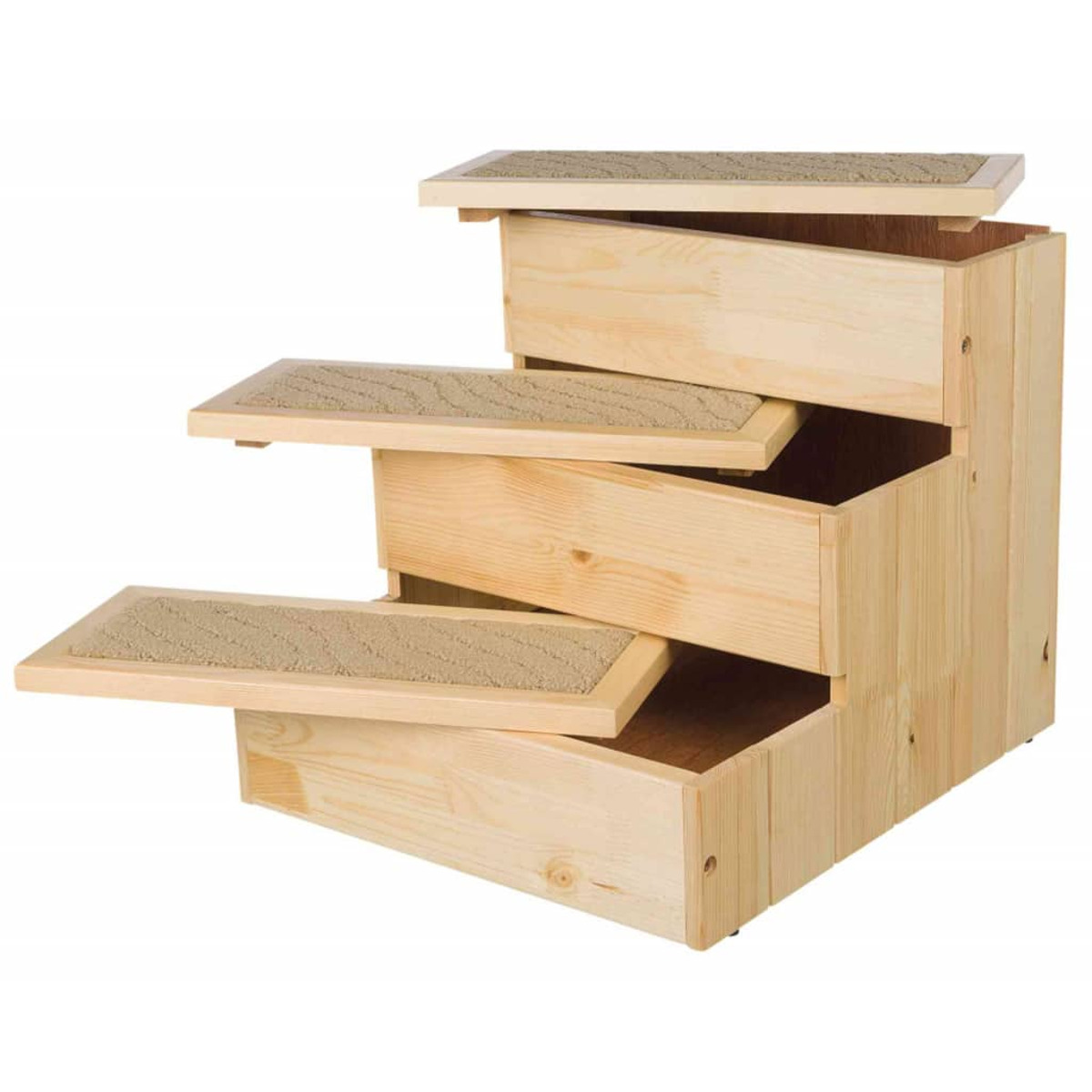 Escaleras de madera para mascotas con tres escalones, cada uno con superficie alfombrada beige.