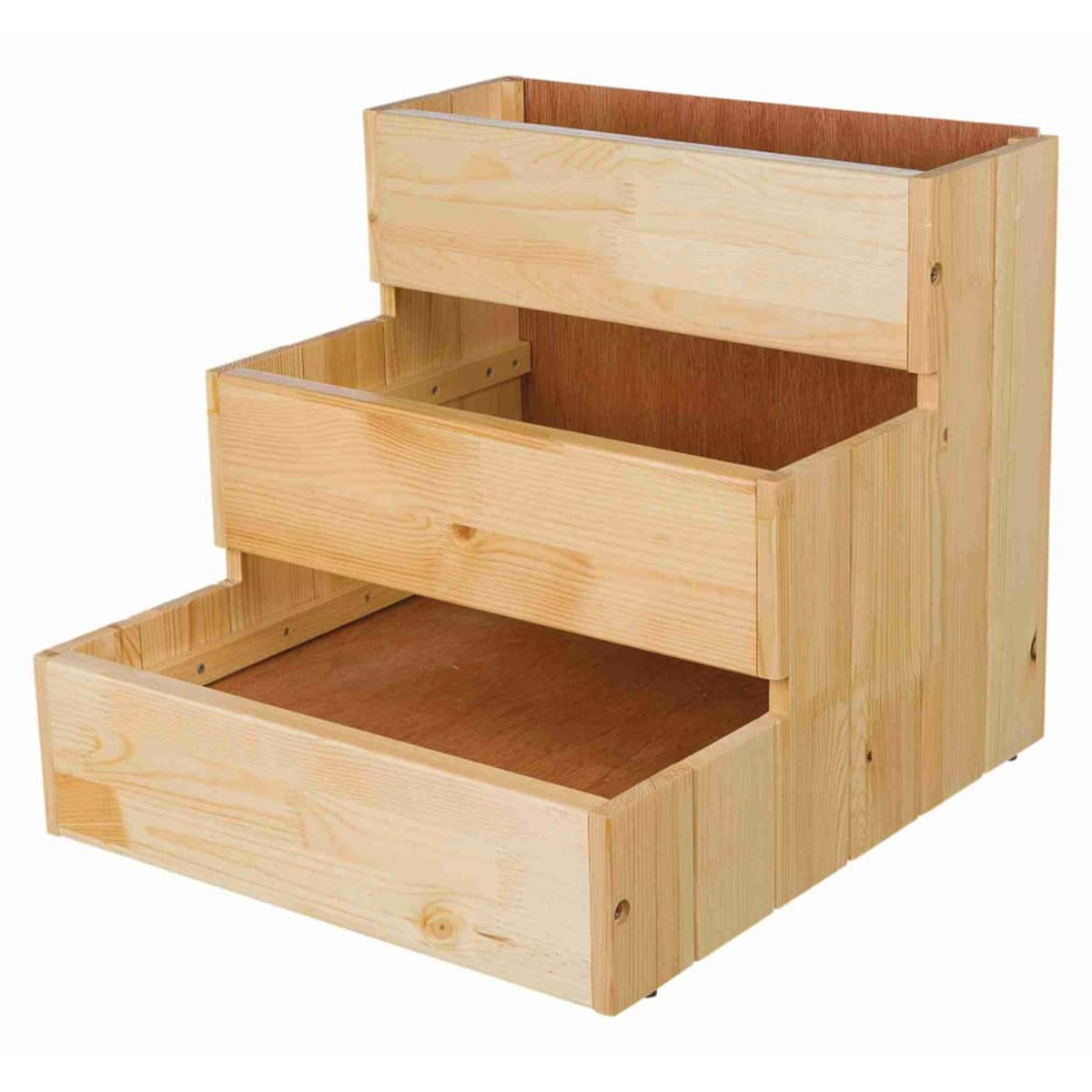 Unidad de almacenamiento de madera escalonada con tres cajones abiertos, madera clara.