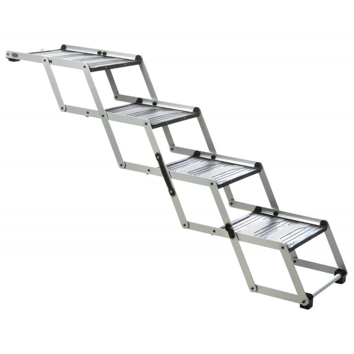 Faltbare Haustiertreppe aus silberfarbenem Metall. Die Treppenstufen sind schwarz mit strukturierter Oberfläche.