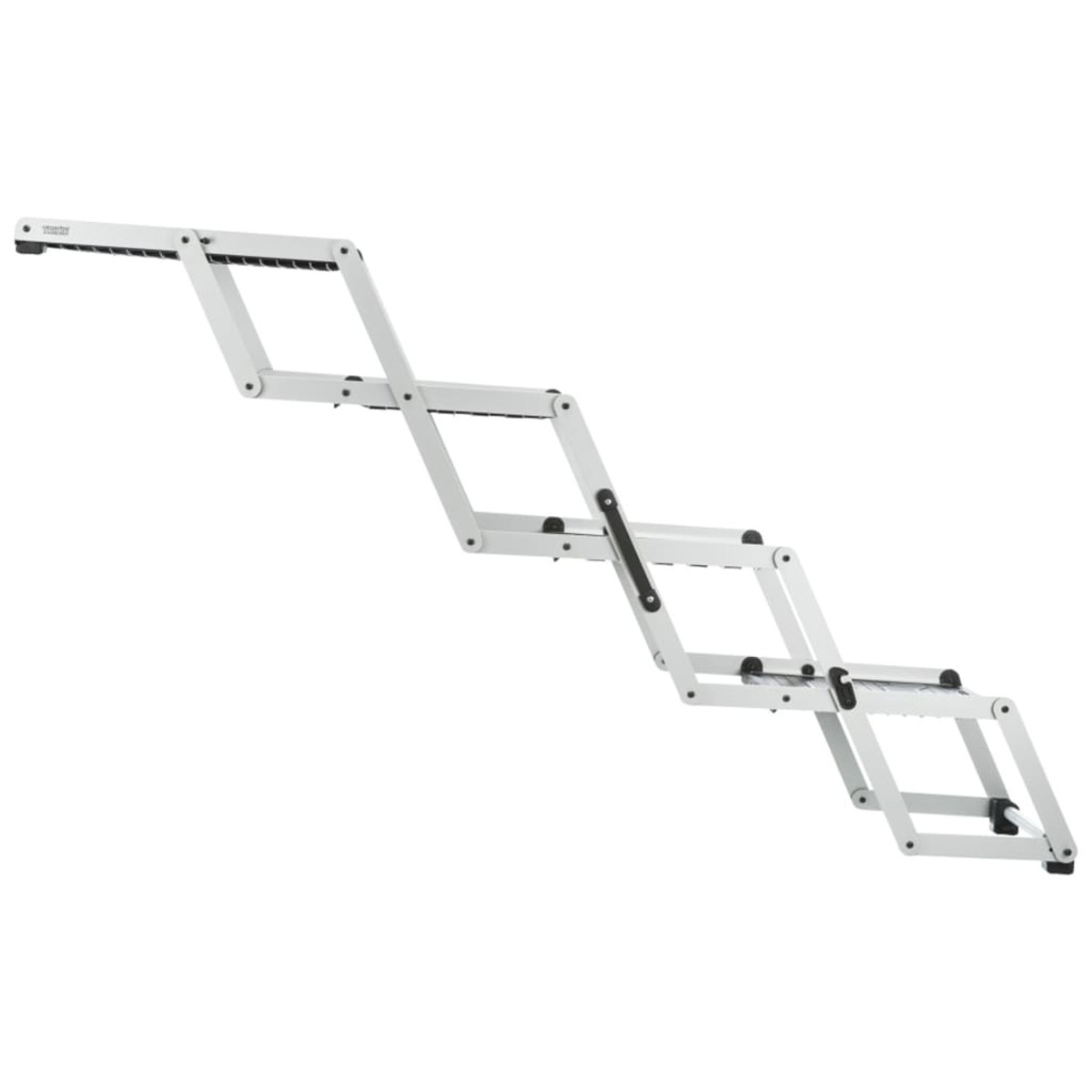 Weiße, zusammenklappbare Haustiertreppe, abgewinkelt ausgezogen, vor weißem Hintergrund.