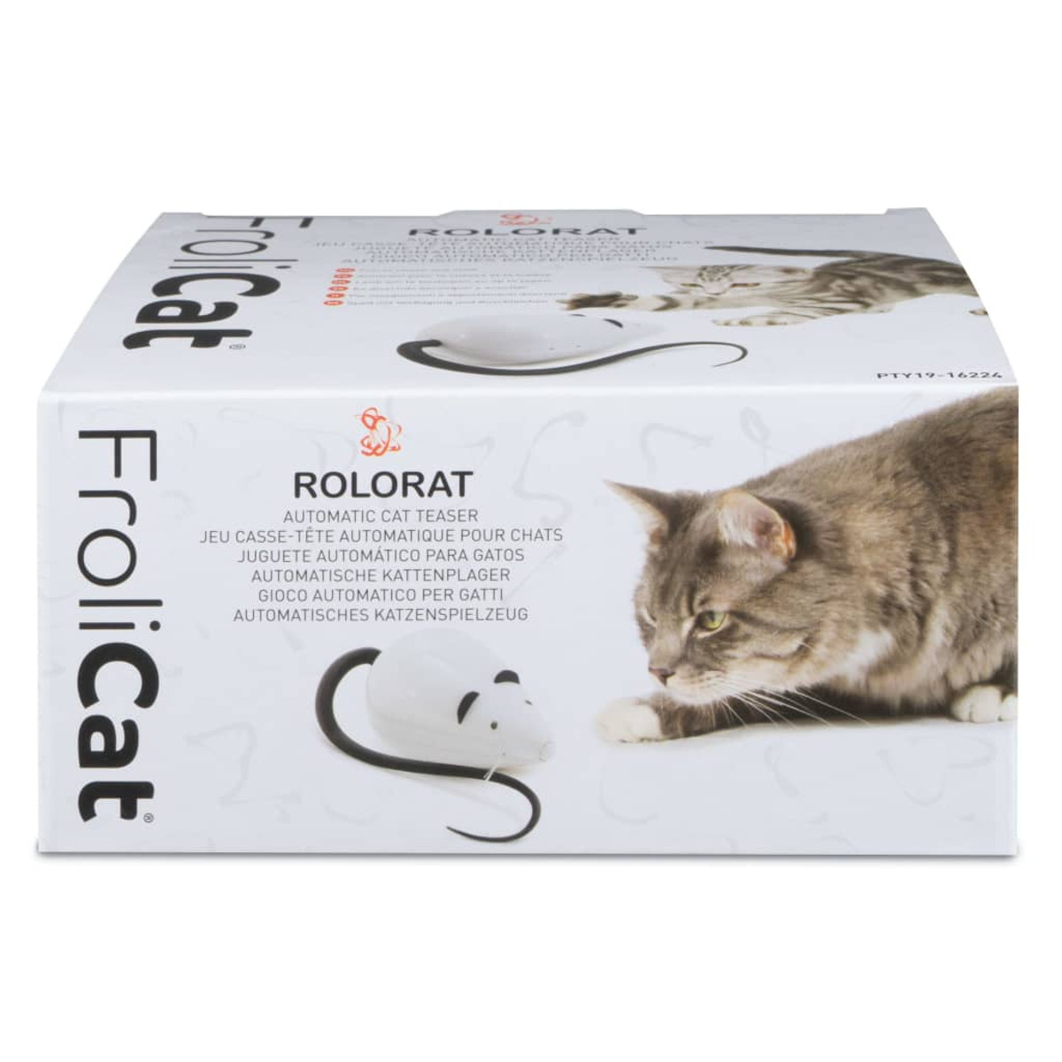 Katzen-Spielzeugkiste. Weiße Box mit Bild einer Katze, Spielzeugmaus und Text in mehreren Sprachen.