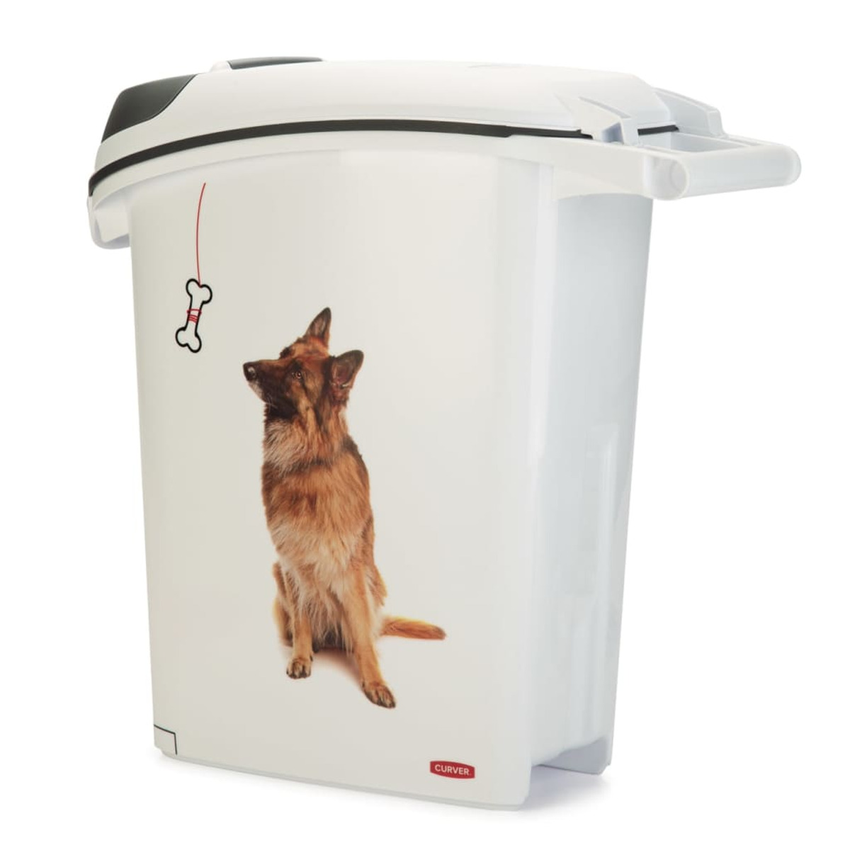 Weißer Hunde-Futterbehälter mit Hunde-Illustration und hängendem Knochen.