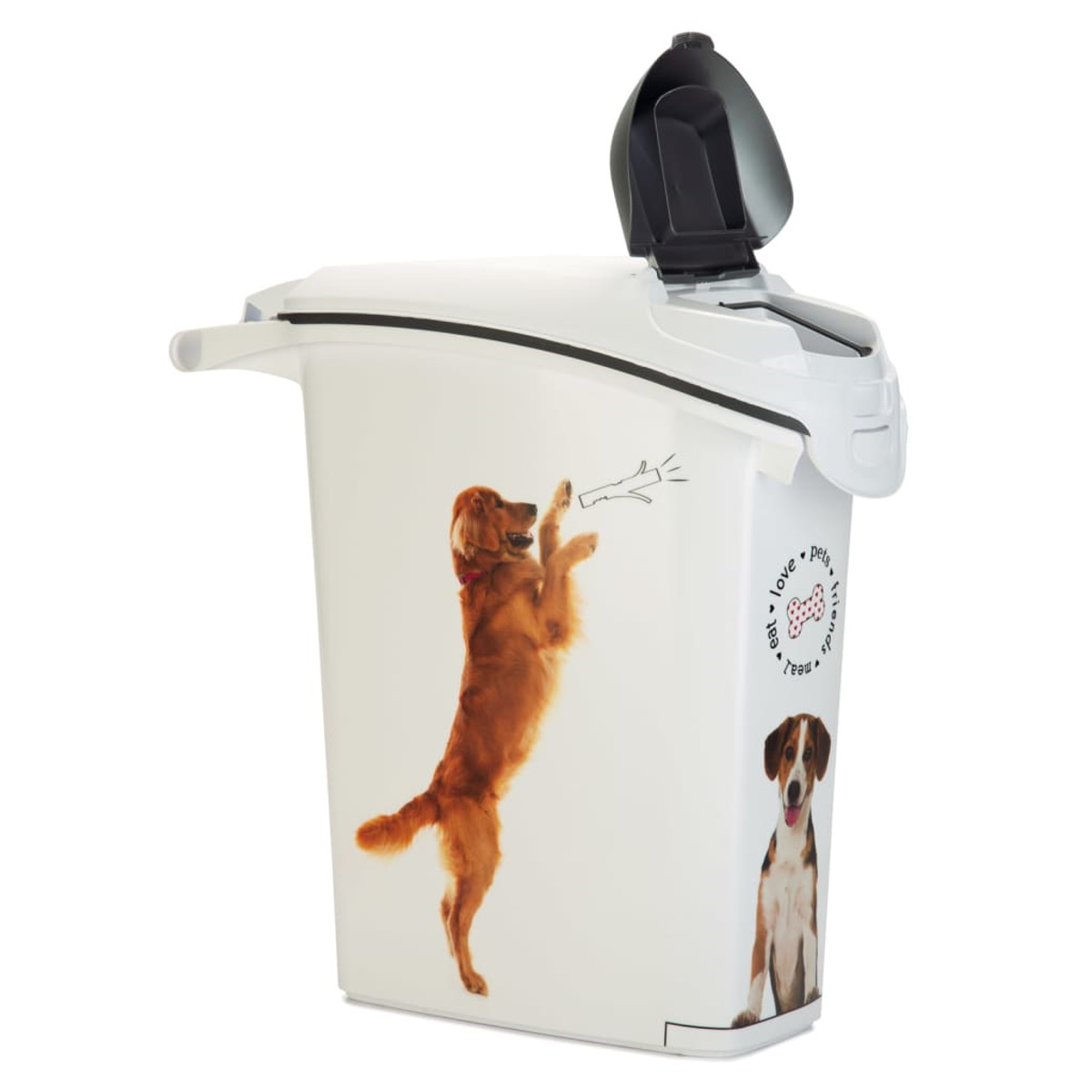 Ein weißer Tierfutterbehälter mit Hundeillustrationen. Er hat einen schwarzen Deckel und einen Griff.