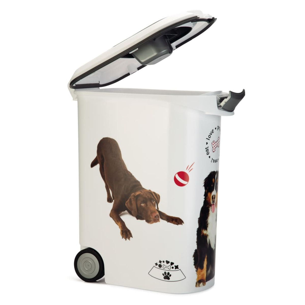 Un contenitore bianco per cibo per cani con immagini di due cani e una palla rossa. Il coperchio è aperto.