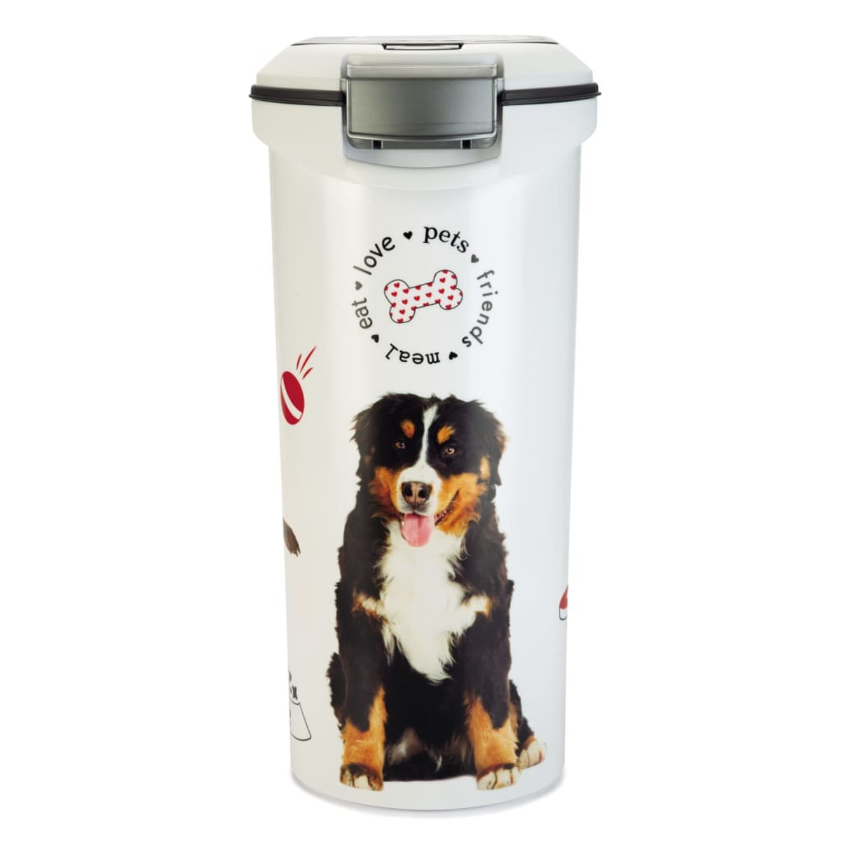 Contenitore bianco per cibo per animali domestici con illustrazione di un cane. Testo "love pets friends", icone di ossa e zampe.