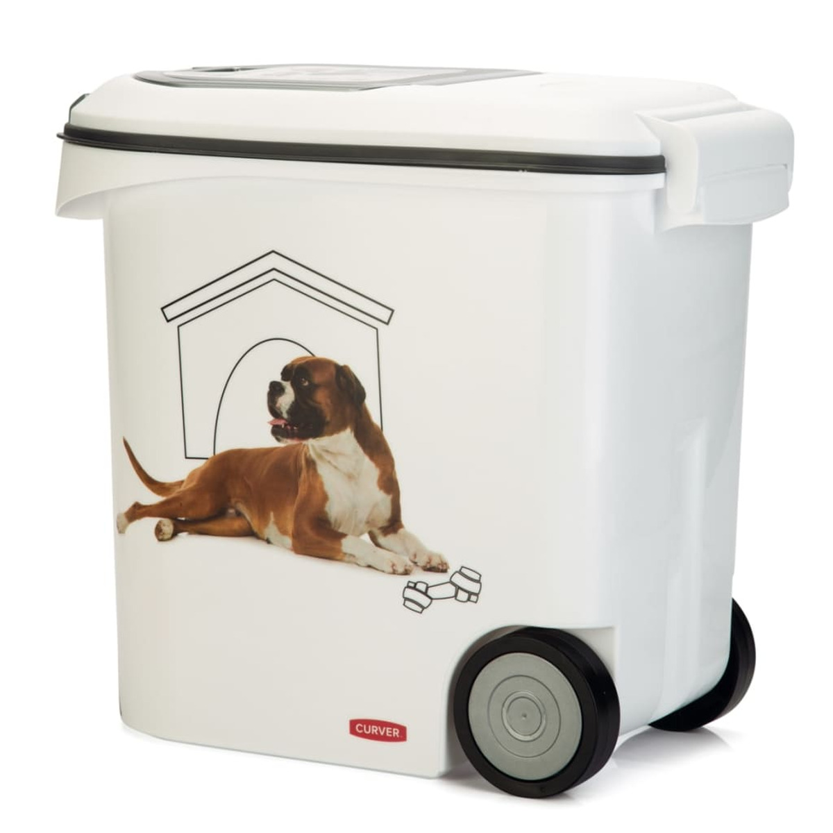 Ein weißer Hundebehälter mit einer Hundehütte-Illustration und einem Hund an der Seite. Räder.