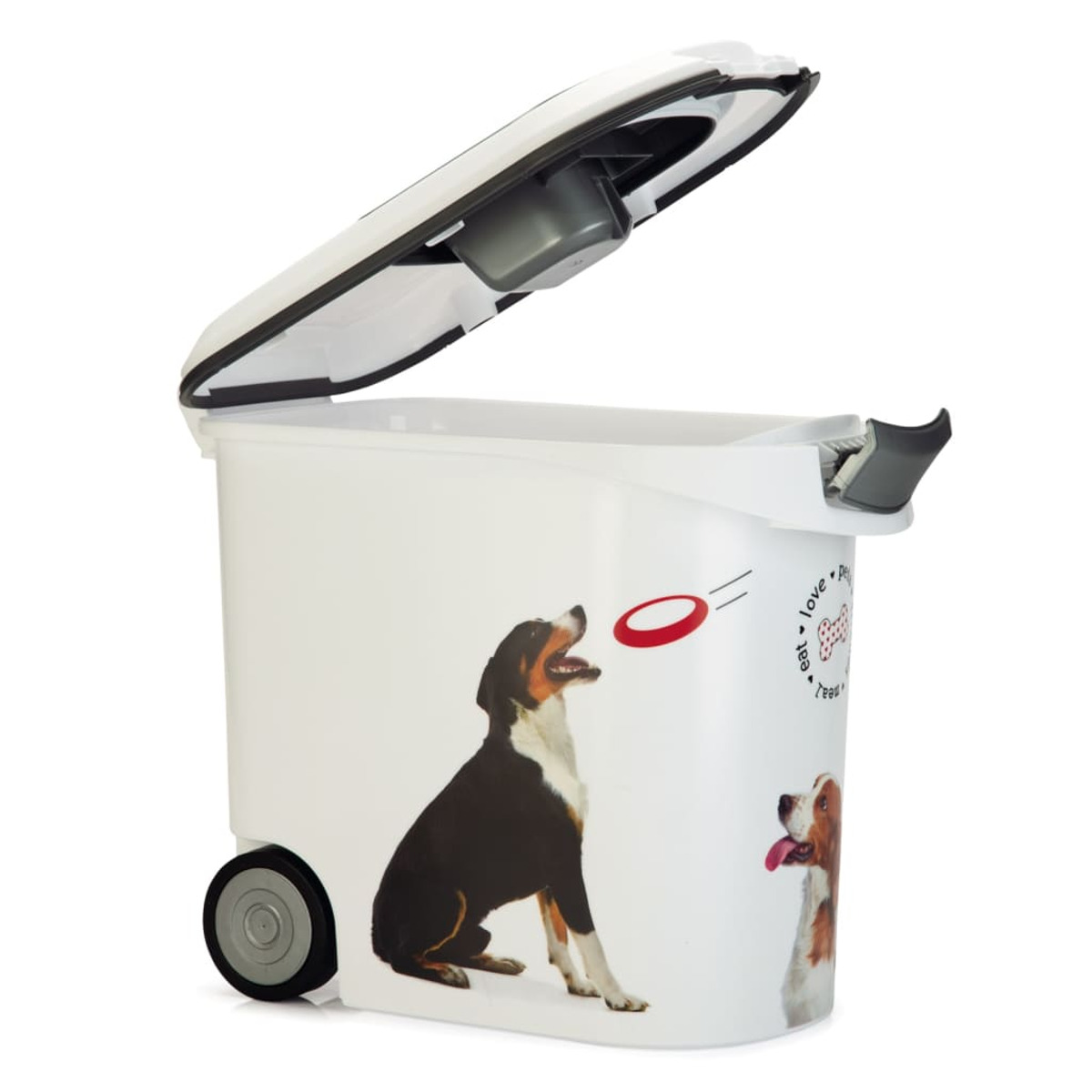Weißer Tierfutterbehälter mit offenem Deckel, Hundeabbildungen und eine rote Frisbee.