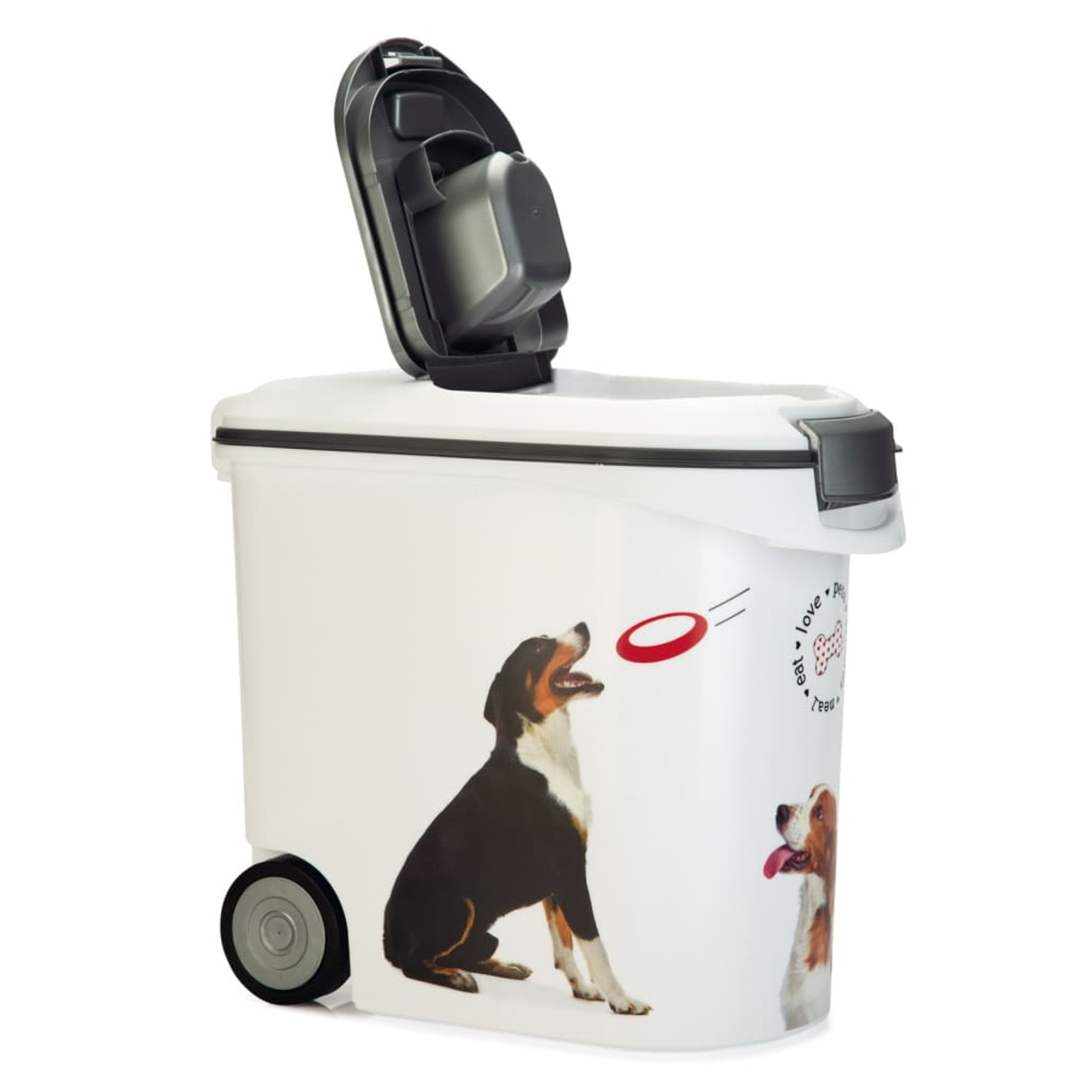 Weißer Hundefutterbehälter mit zwei Hundeillustrationen und offenem Deckel.