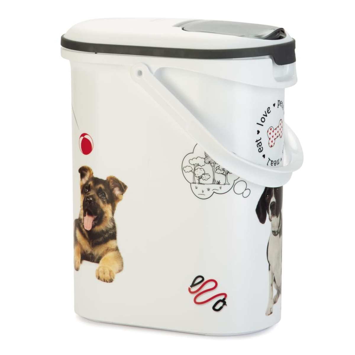 Ein weißer Tierfutterbehälter mit Hundeillustrationen und dem Text „eat, love, treat“. Hat einen Griff.