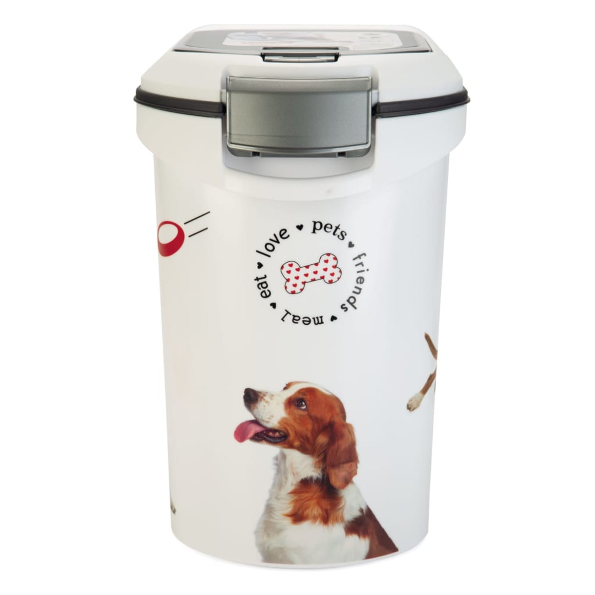 Ein weißer Tierfutterbehälter mit einem Hund auf der Vorderseite. Der Behälter hat ein rotes Knochendesign.