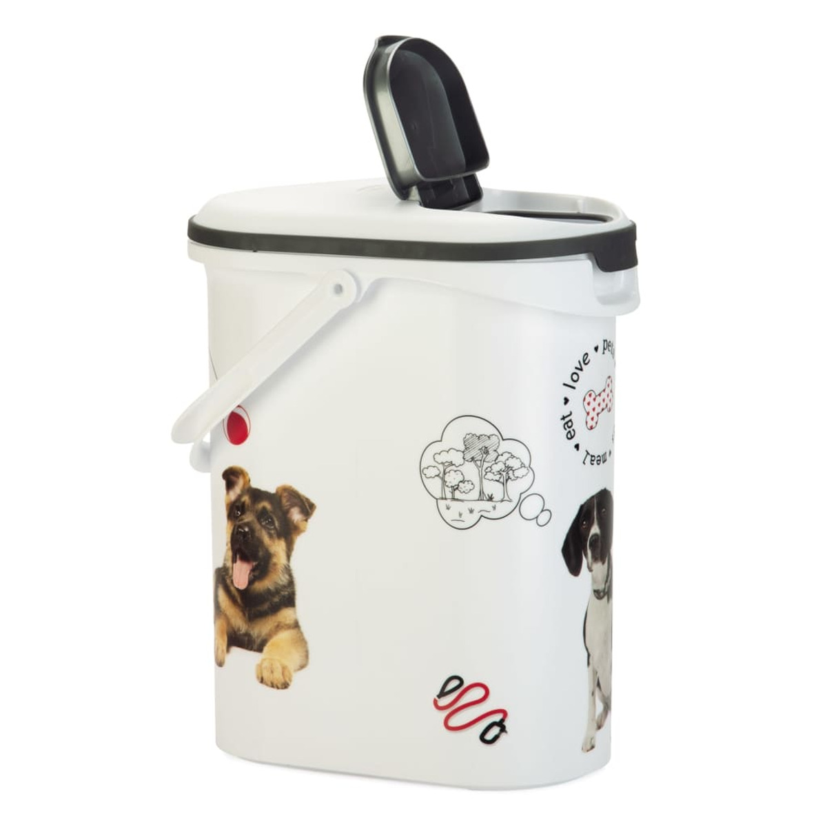Weißer Tierfutterbehälter mit Hundeillustrationen und schwarzem Löffel.