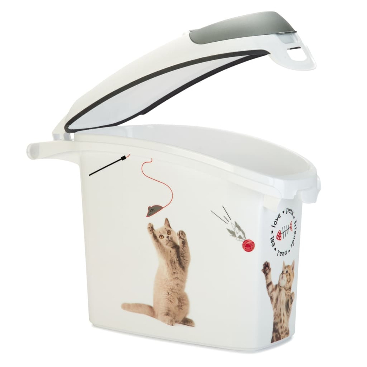 Weißer Tierfutterbehälter mit Kätzchenbildern und offenem Deckel.