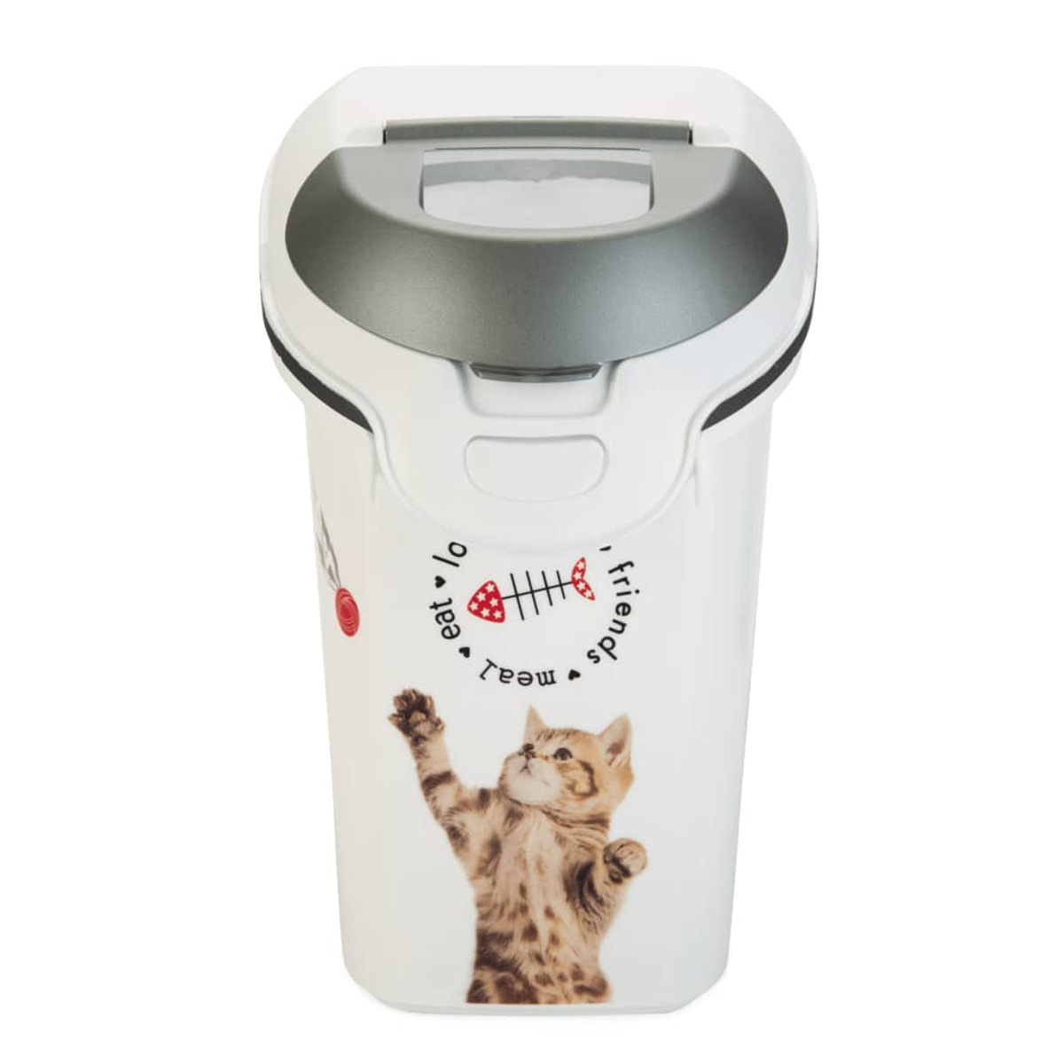 Weißer Katzenfutterbehälter mit einem Design einer Katze, die nach einer Fischgräte greift, und Text.