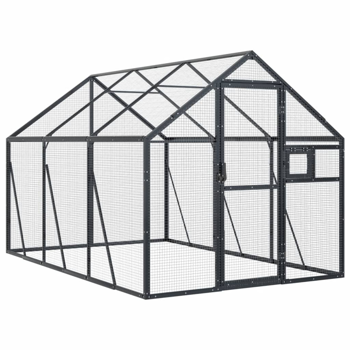 Dunkelgraues Gewächshaus aus Metall. Das Gewächshaus hat eine Tür und ein Fenster.