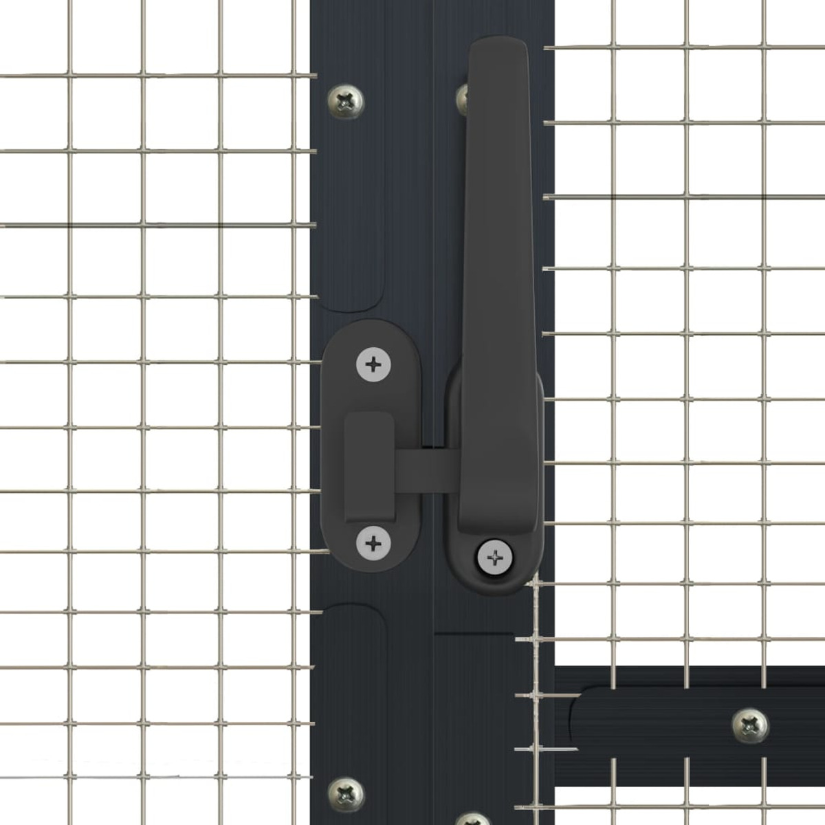 Metallgitter mit schwarzem Griff und Verriegelungsmechanismus. Schrauben sind sichtbar.