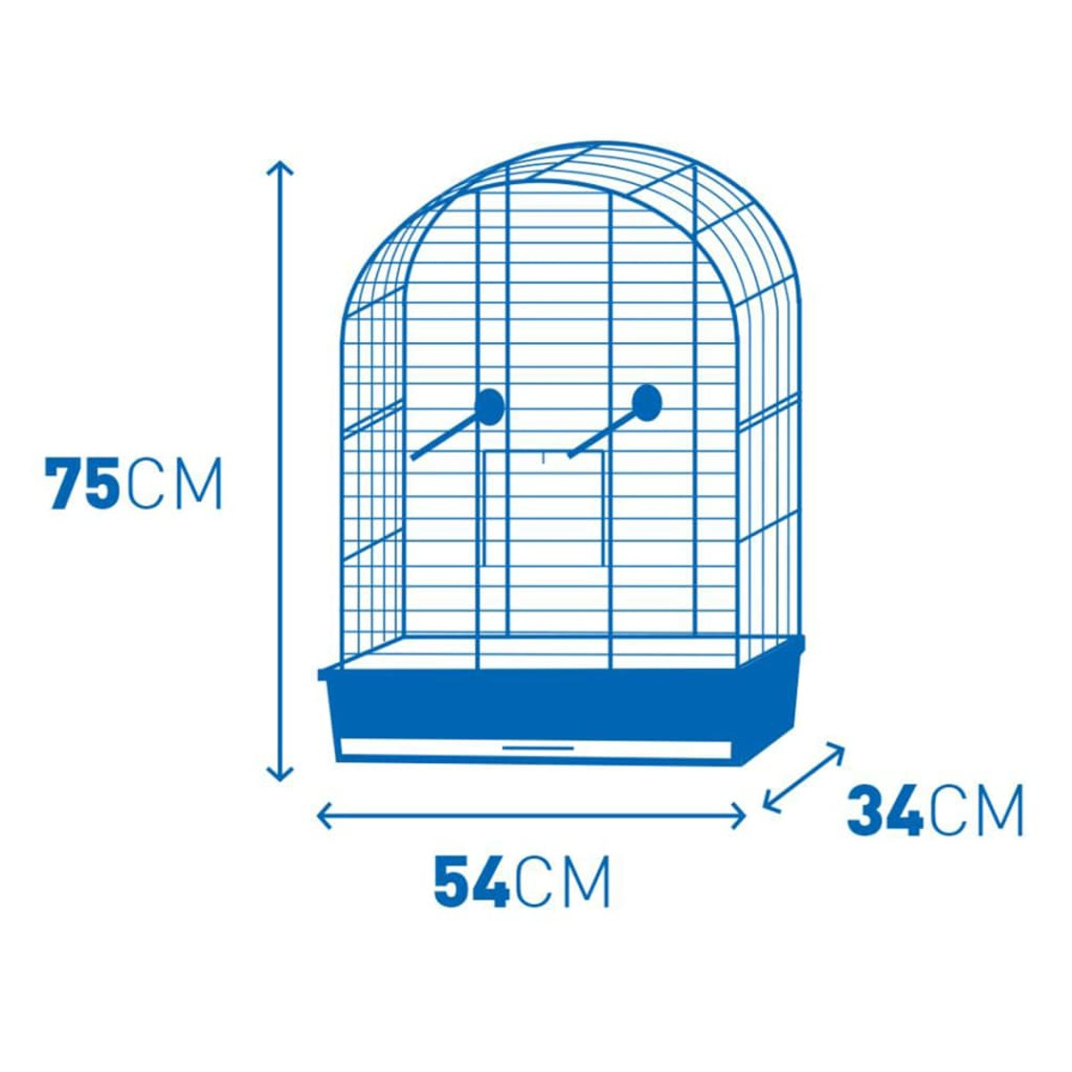 Vogelkäfig mit Maßen: 75 cm Höhe, 54 cm Breite und 34 cm Tiefe.