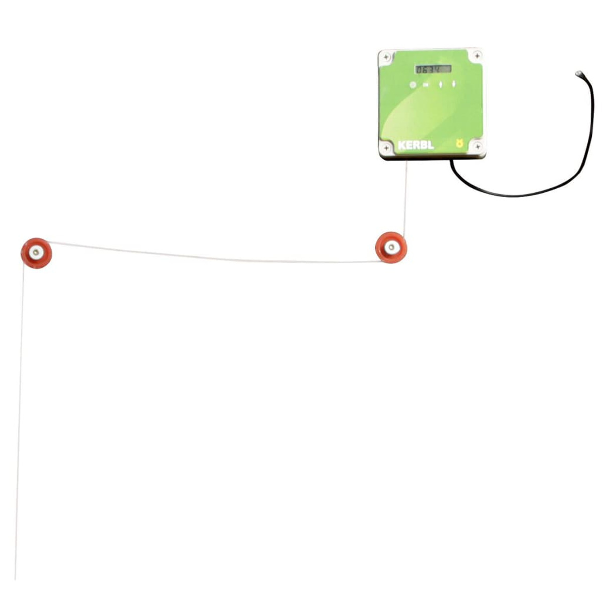 Grüne Steuerbox mit Kabel und zwei roten Riemenscheiben auf weißem Hintergrund.