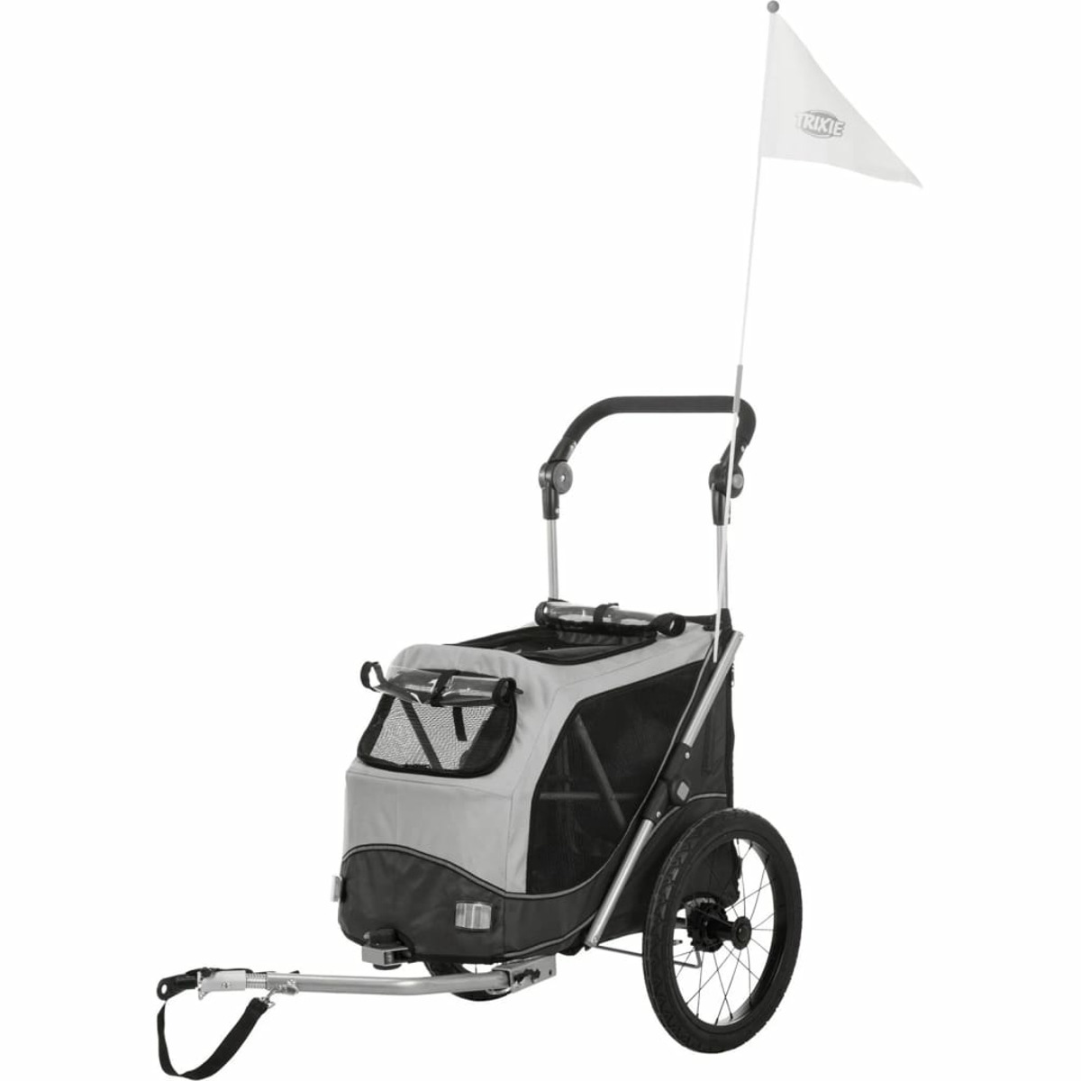 Hundewagen, grau und schwarz, mit weißer Fahne. Weißer Hintergrund.