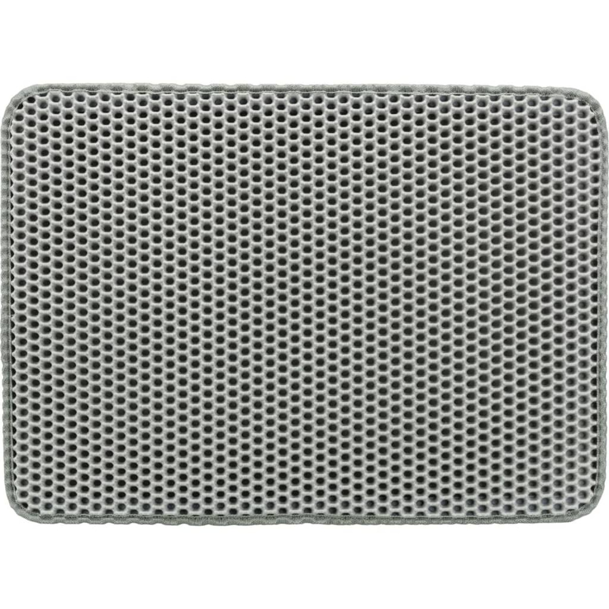 Alfombrilla gris para arena de gato con agujeros.