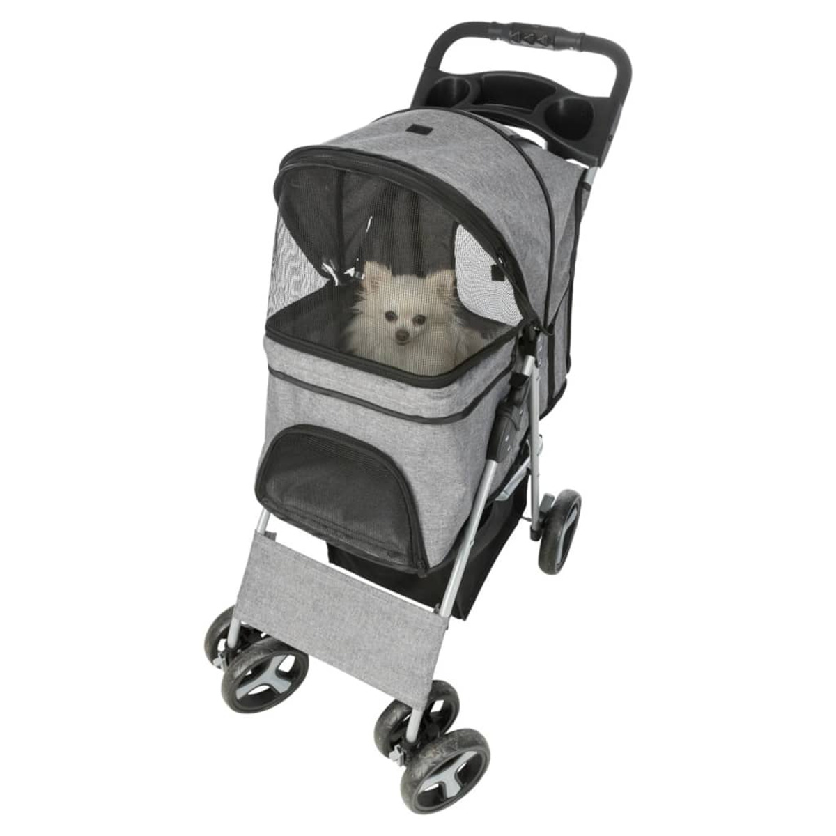 Grauer Haustier-Kinderwagen mit einem Hund darin. Netz. Räder.