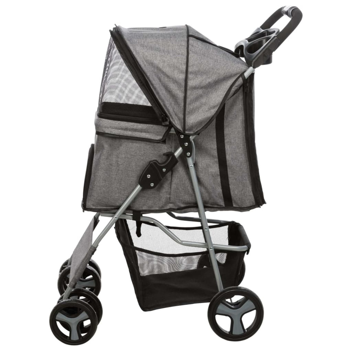 Grauer Haustier-Kinderwagen mit schwarzem Netz und Aufbewahrungskorb.