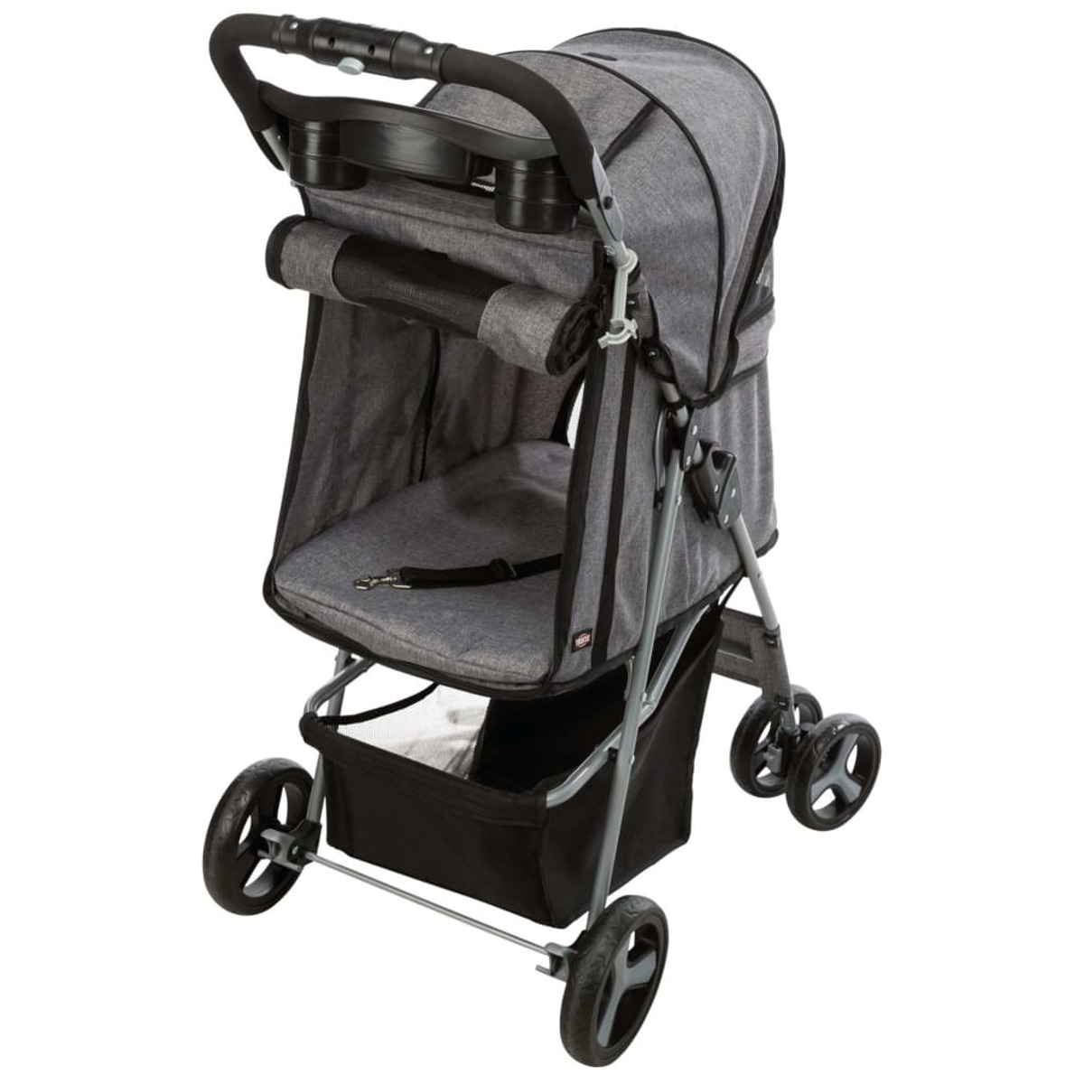 Grauer Tierkinderwagen mit schwarzen Akzenten. Verfügt über ein Verdeck, einen Aufbewahrungskorb und Becherhalter.
