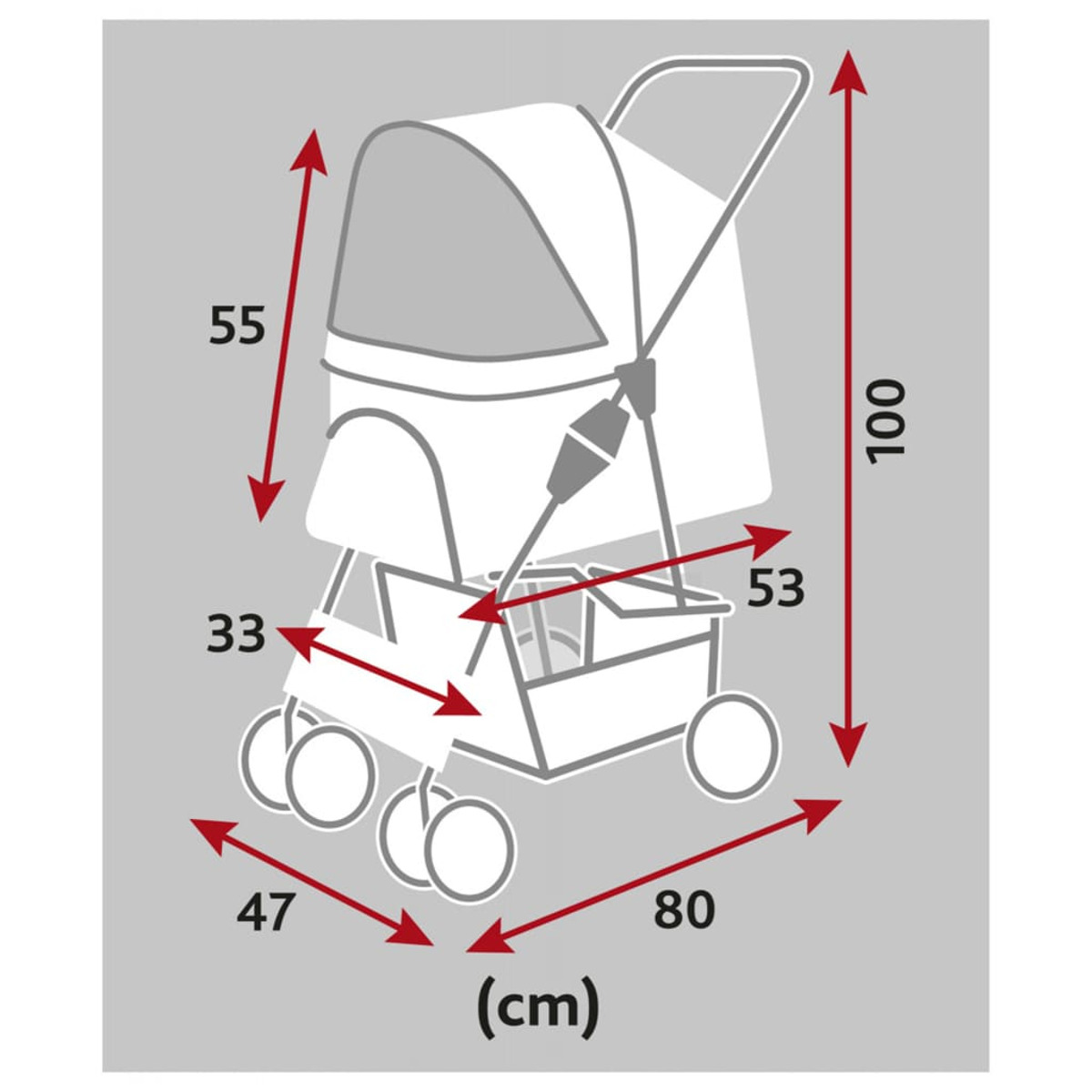 Eine Diagramm eines Haustier-Kinderwagens mit Maßen in cm. Pfeile zeigen auf die Abmessungen.