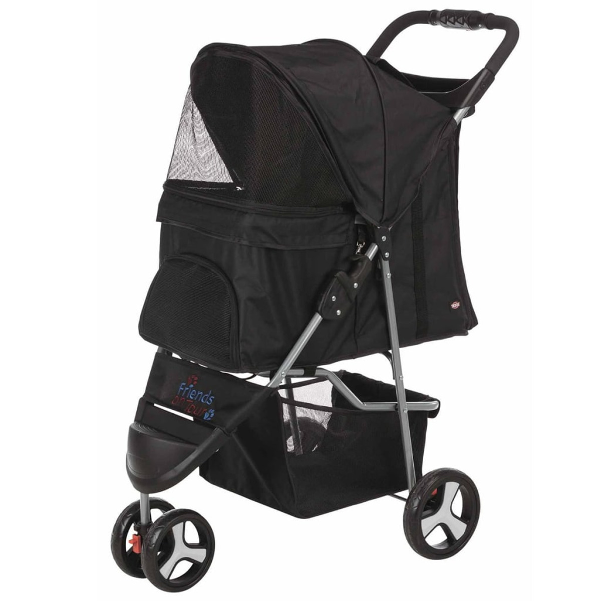 Schwarzer Tierkinderwagen. Er hat eine obere Abdeckung, einen Aufbewahrungskorb und Räder.