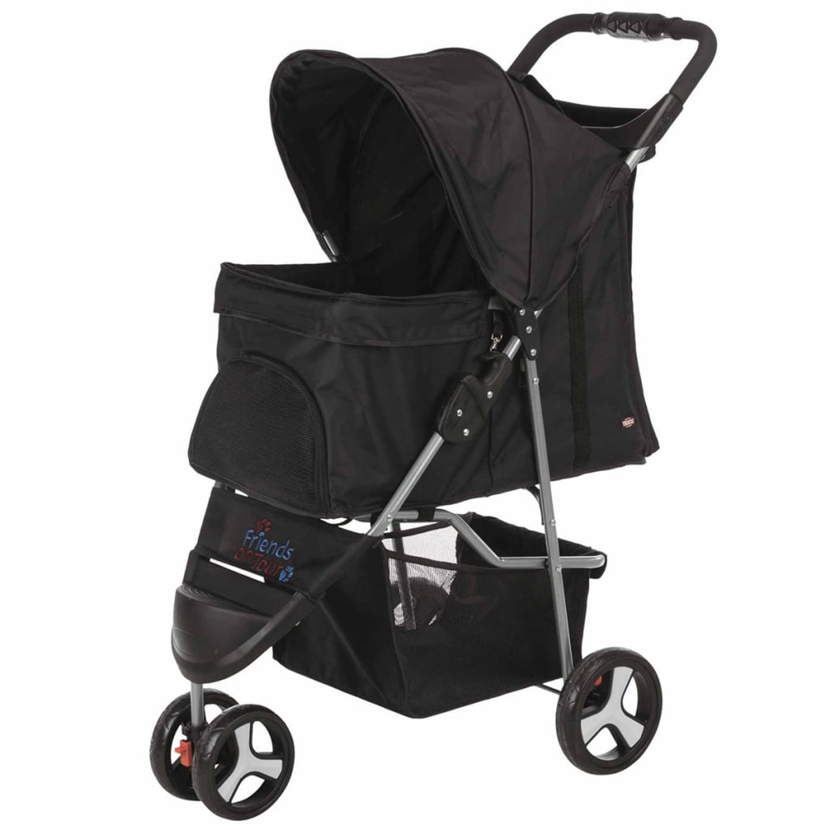 Schwarzer Tierkinderwagen mit Verdeck und Rädern. Graues Gestell. Weißer Hintergrund.