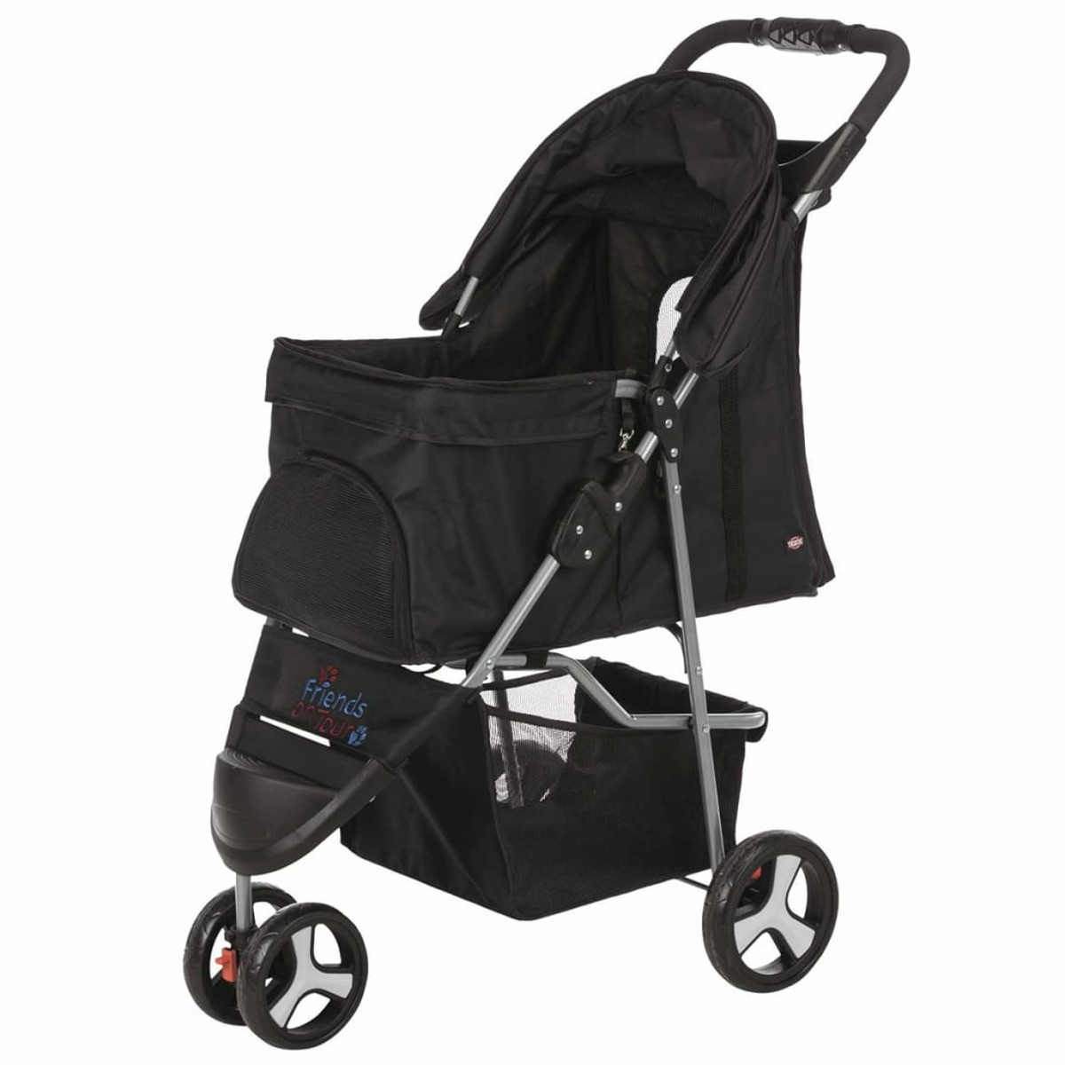 Schwarzer Tier-Kinderwagen mit schwarzem Korb und schwarzen Rädern. Der Griff ist oben.