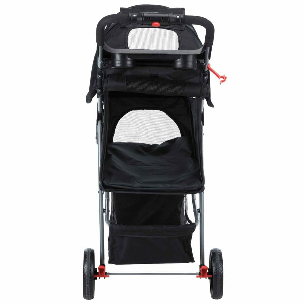 Schwarzer Haustier-Buggy mit Netzfenster und Tablett. Er hat drei Räder und einen Aufbewahrungskorb.